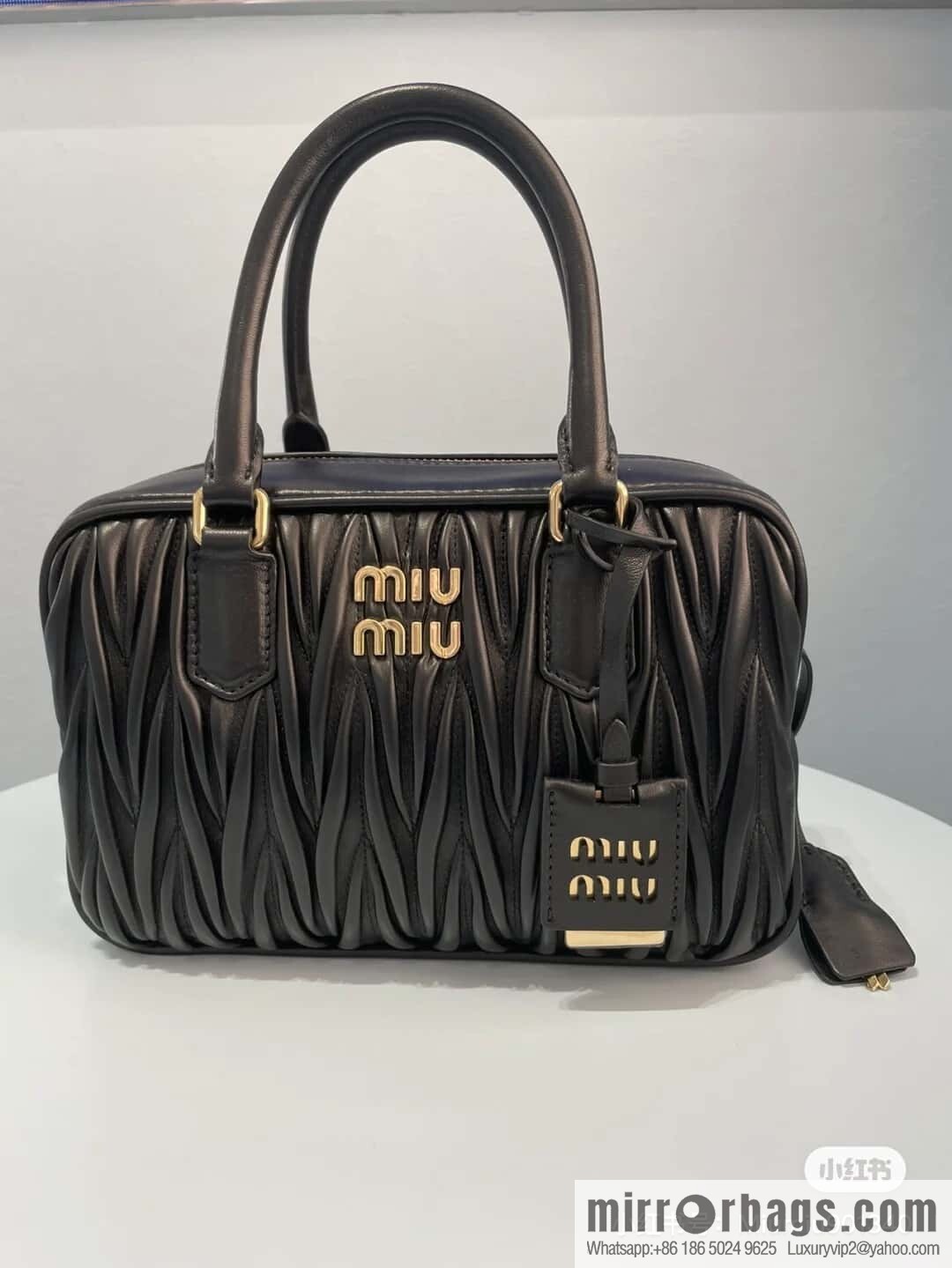 5BB124: MiuMiu's new too pretty bowling handbag, black Arcadie Matelassé soft sheepskin handbag