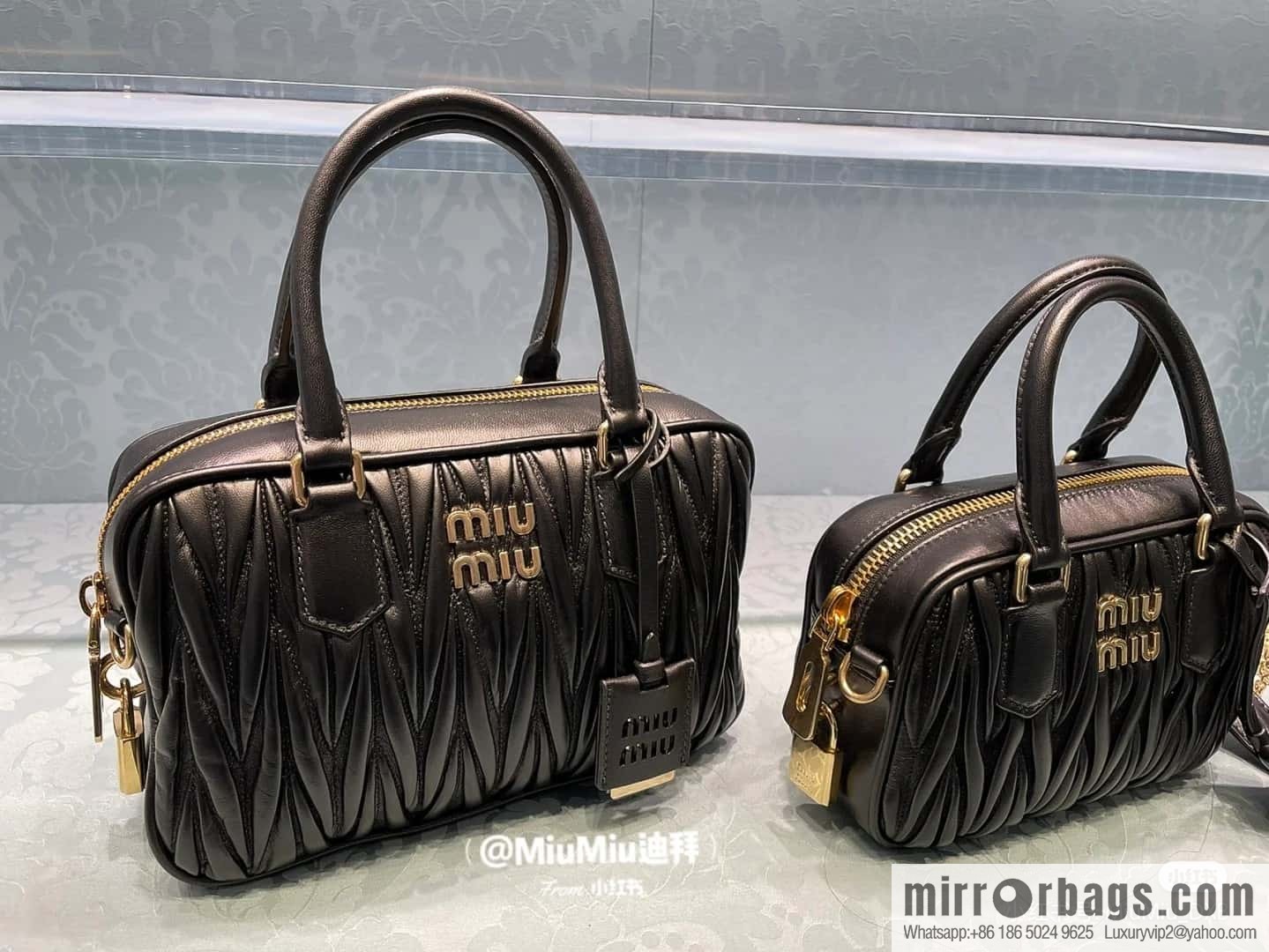 5BB124: MiuMiu's new too pretty bowling handbag, black Arcadie Matelassé soft sheepskin handbag