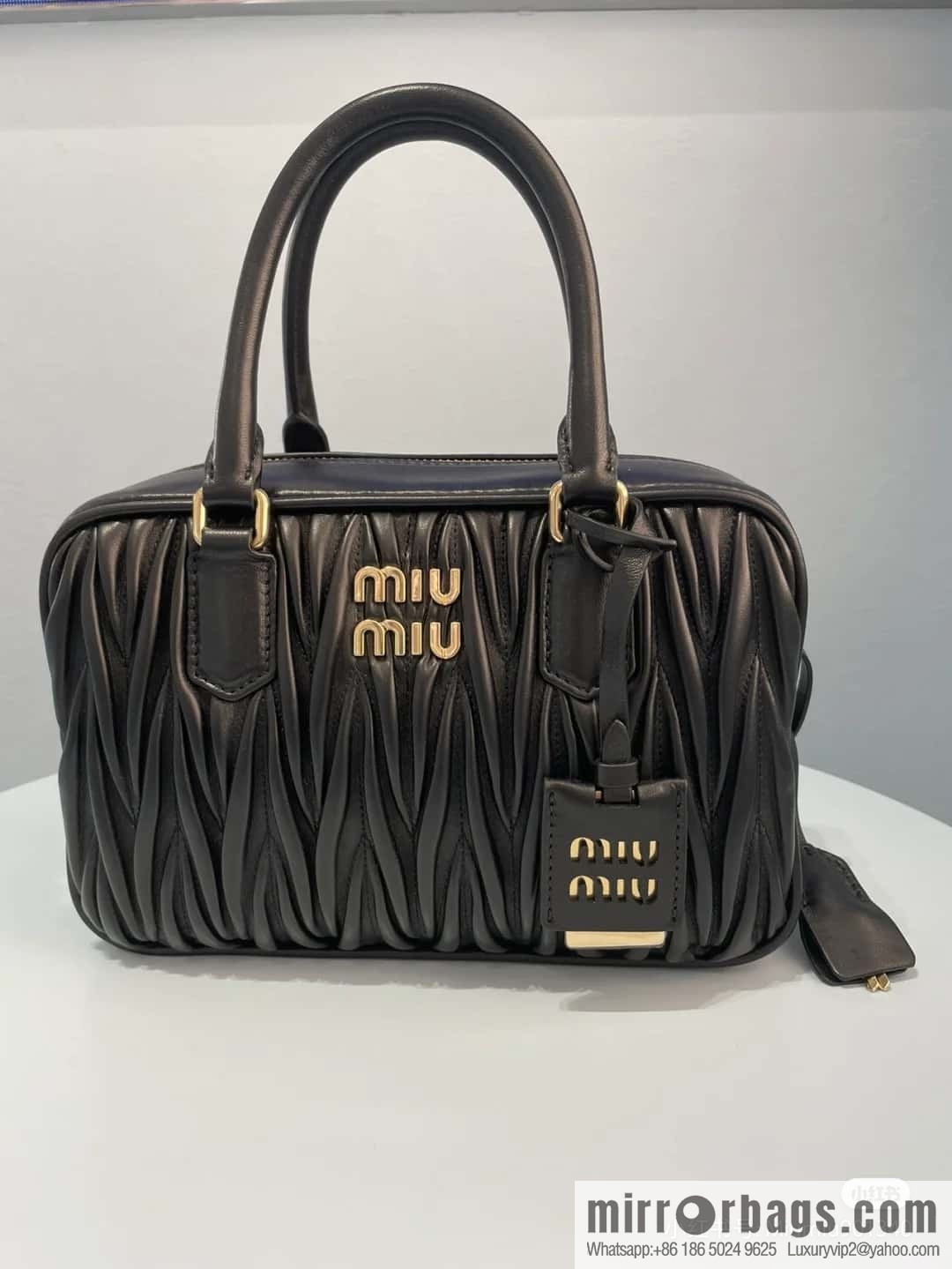 5BB124: MiuMiu's new too pretty bowling handbag, black Arcadie Matelassé soft sheepskin handbag
