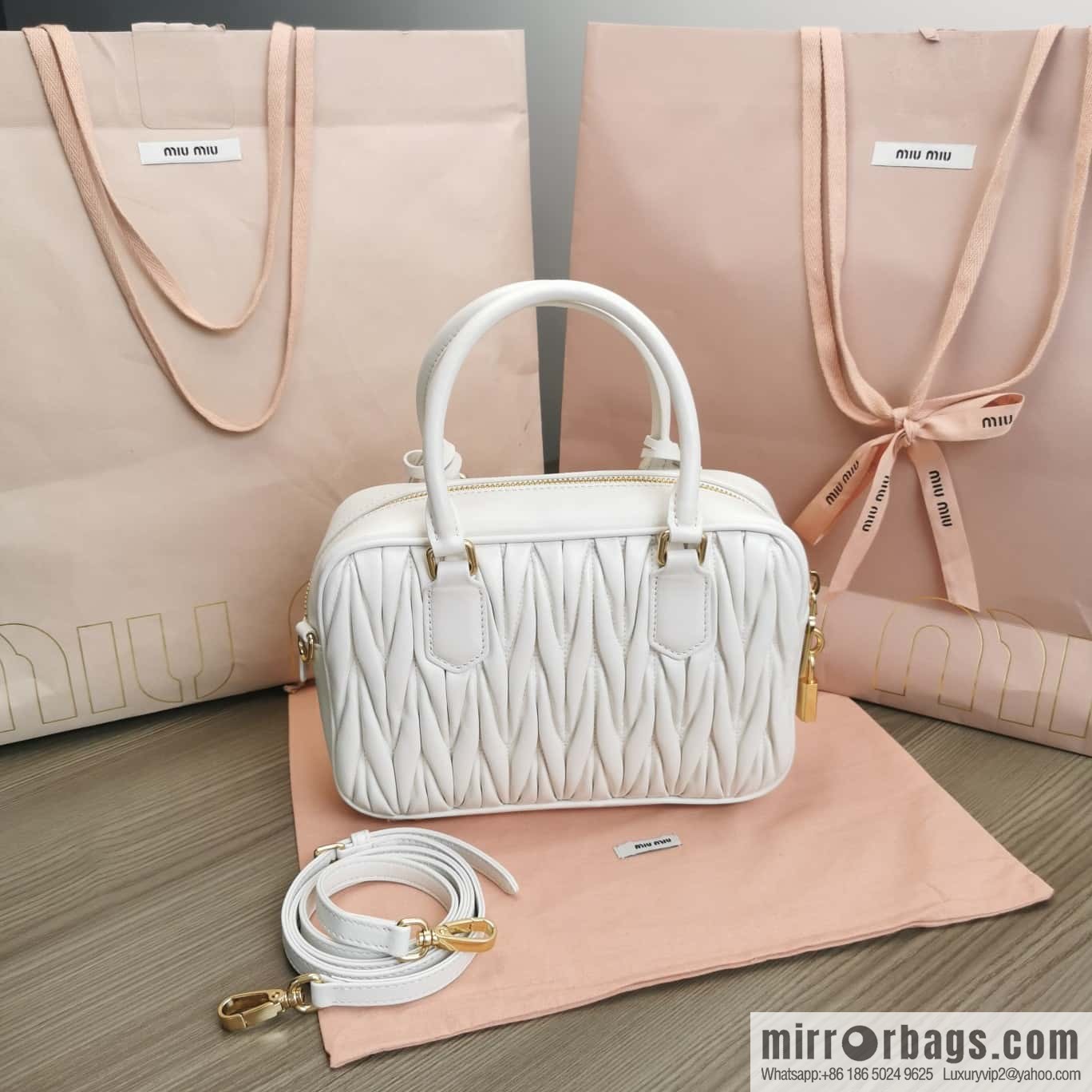 5BB124: MiuMiu's new too pretty bowling handbag, white Arcadie Matelassé soft sheepskin handbag