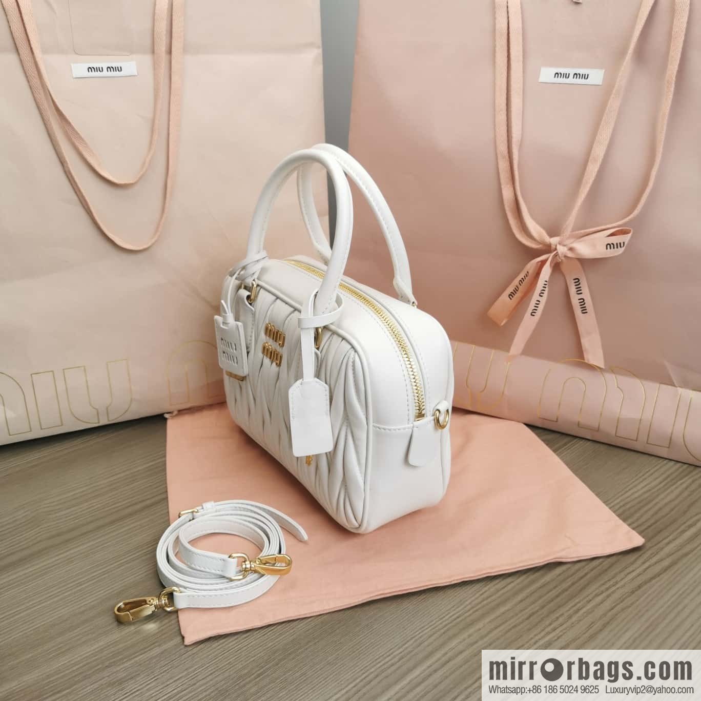 5BB124: MiuMiu's new too pretty bowling handbag, white Arcadie Matelassé soft sheepskin handbag