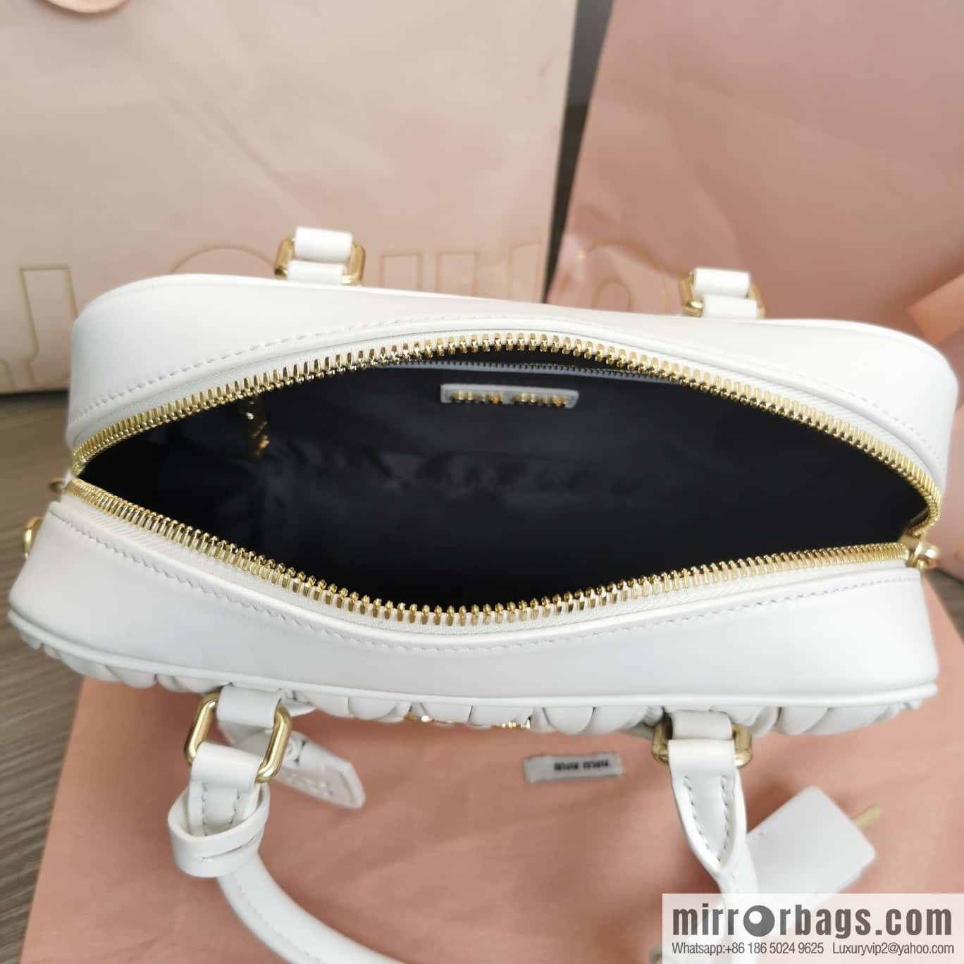 5BB124: MiuMiu's new too pretty bowling handbag, white Arcadie Matelassé soft sheepskin handbag