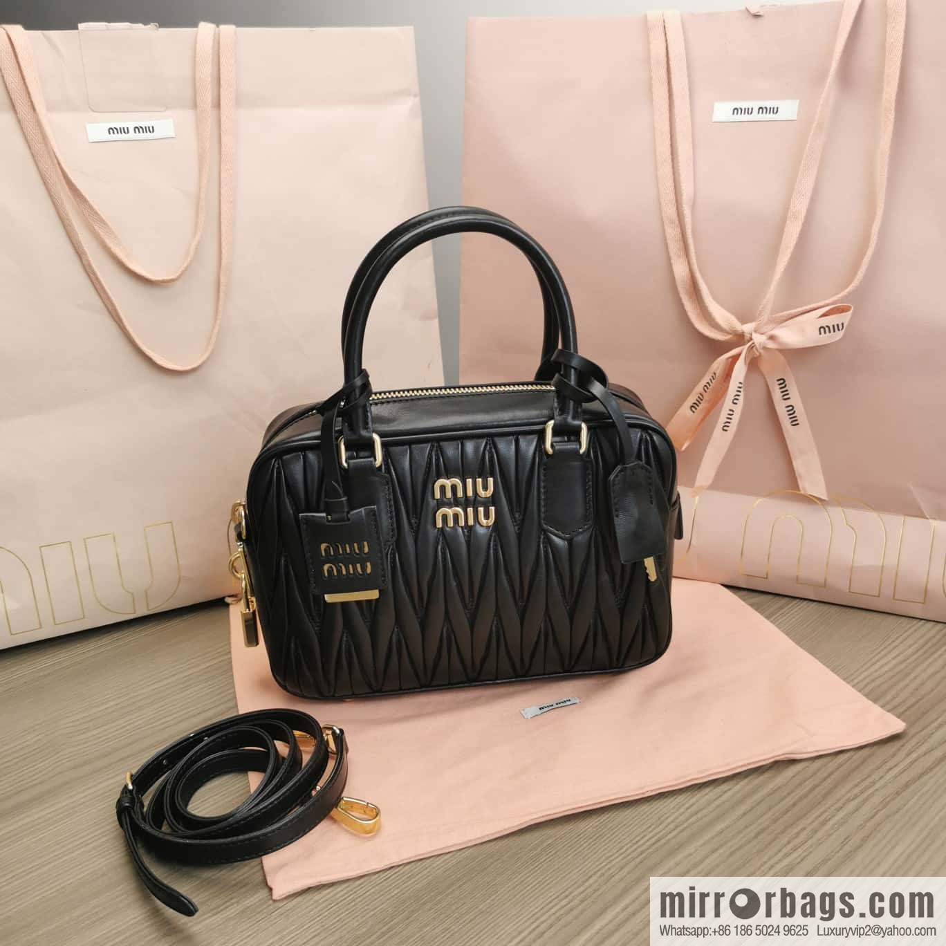 5BB124: MiuMiu's new too pretty bowling handbag, black Arcadie Matelassé soft sheepskin handbag