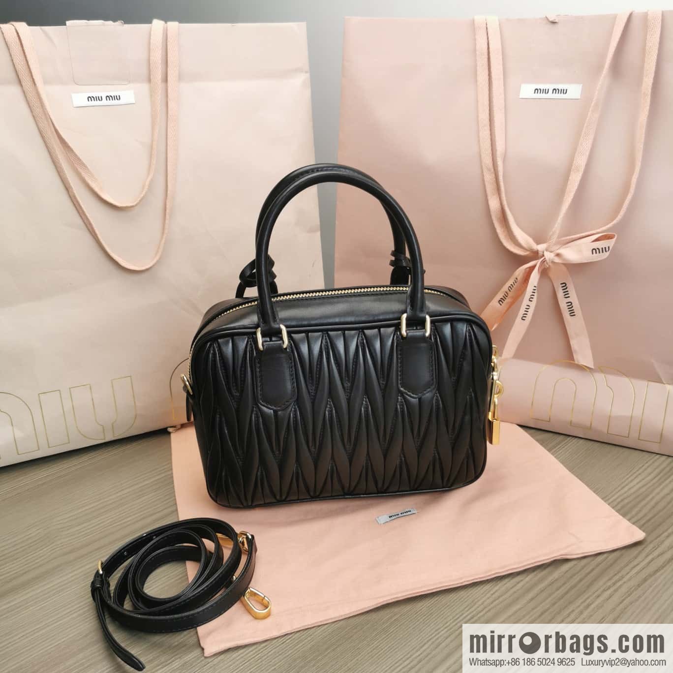 5BB124: MiuMiu's new too pretty bowling handbag, black Arcadie Matelassé soft sheepskin handbag