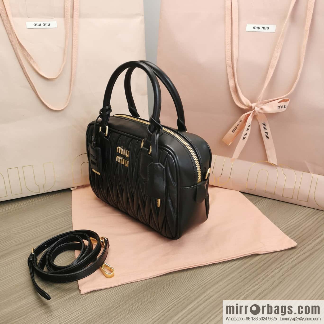 5BB124: MiuMiu's new too pretty bowling handbag, black Arcadie Matelassé soft sheepskin handbag