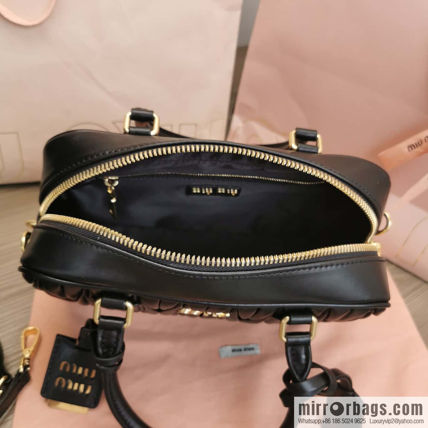 5BB124: MiuMiu's new too pretty bowling handbag, black Arcadie Matelassé soft sheepskin handbag