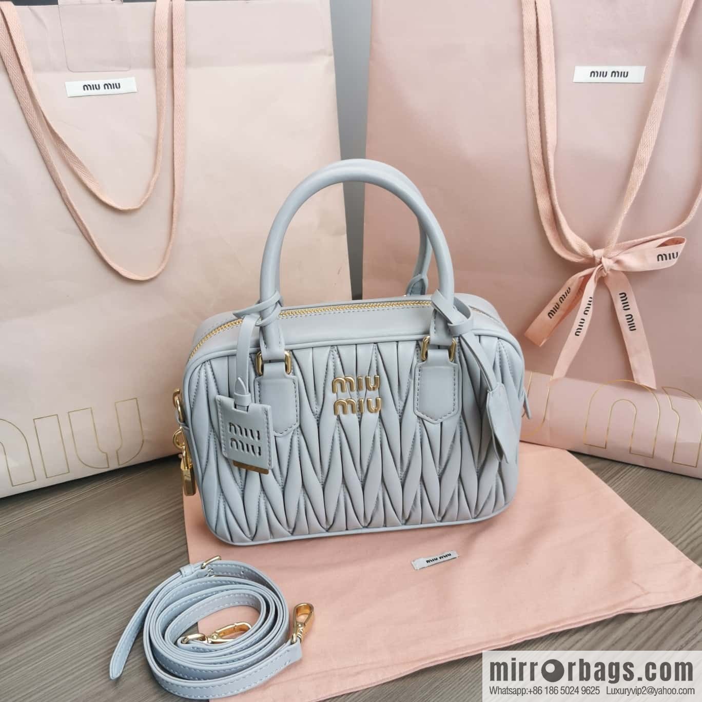 5BB124: MiuMiu's new too pretty bowling handbag, blue Arcadie Matelassé soft sheepskin handbag