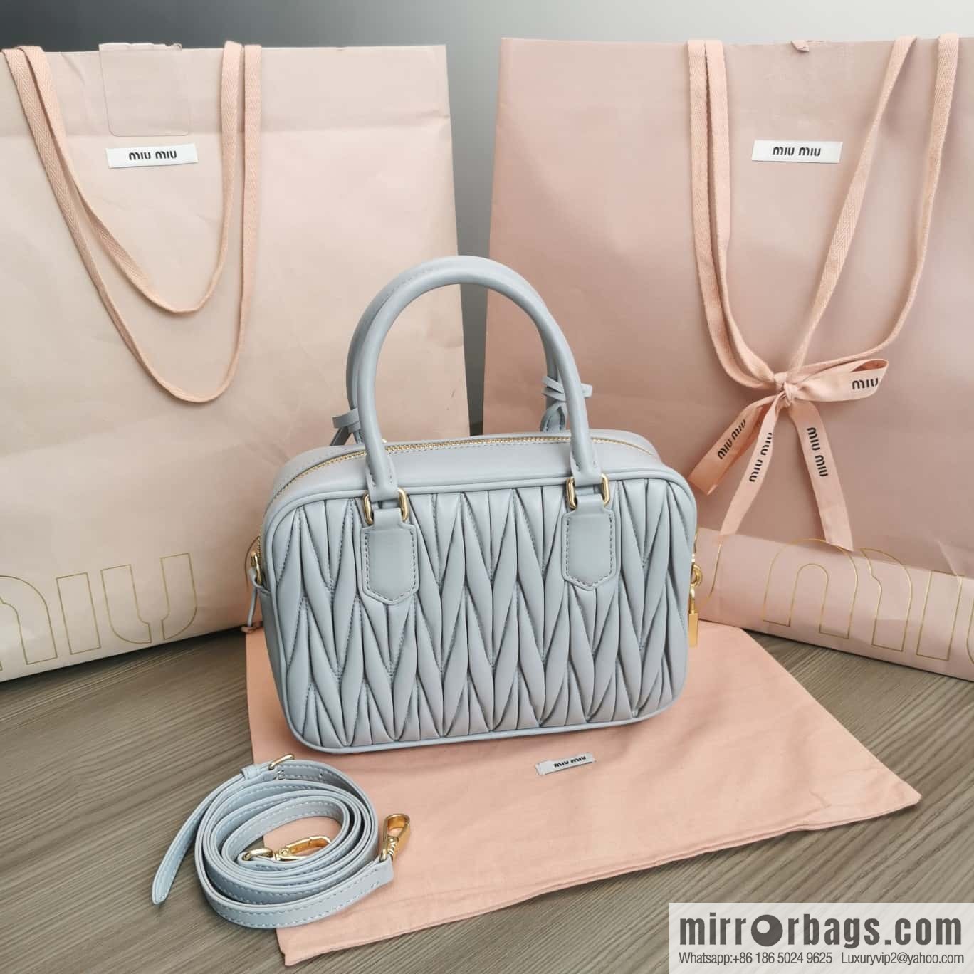5BB124: MiuMiu's new too pretty bowling handbag, blue Arcadie Matelassé soft sheepskin handbag