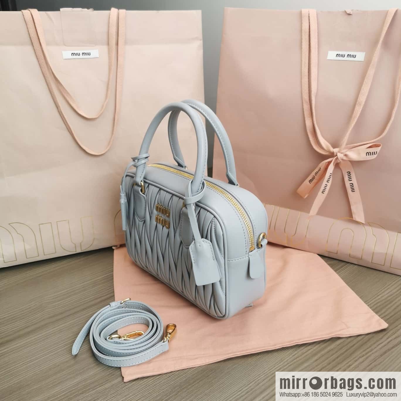 5BB124: MiuMiu's new too pretty bowling handbag, blue Arcadie Matelassé soft sheepskin handbag