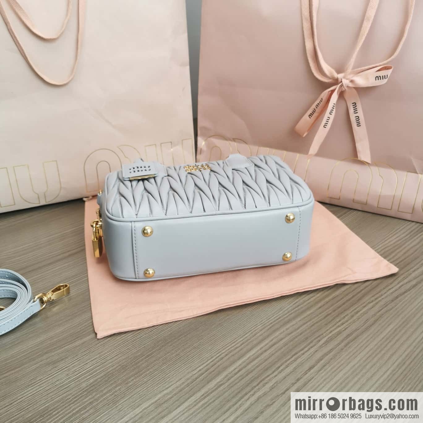 5BB124: MiuMiu's new too pretty bowling handbag, blue Arcadie Matelassé soft sheepskin handbag