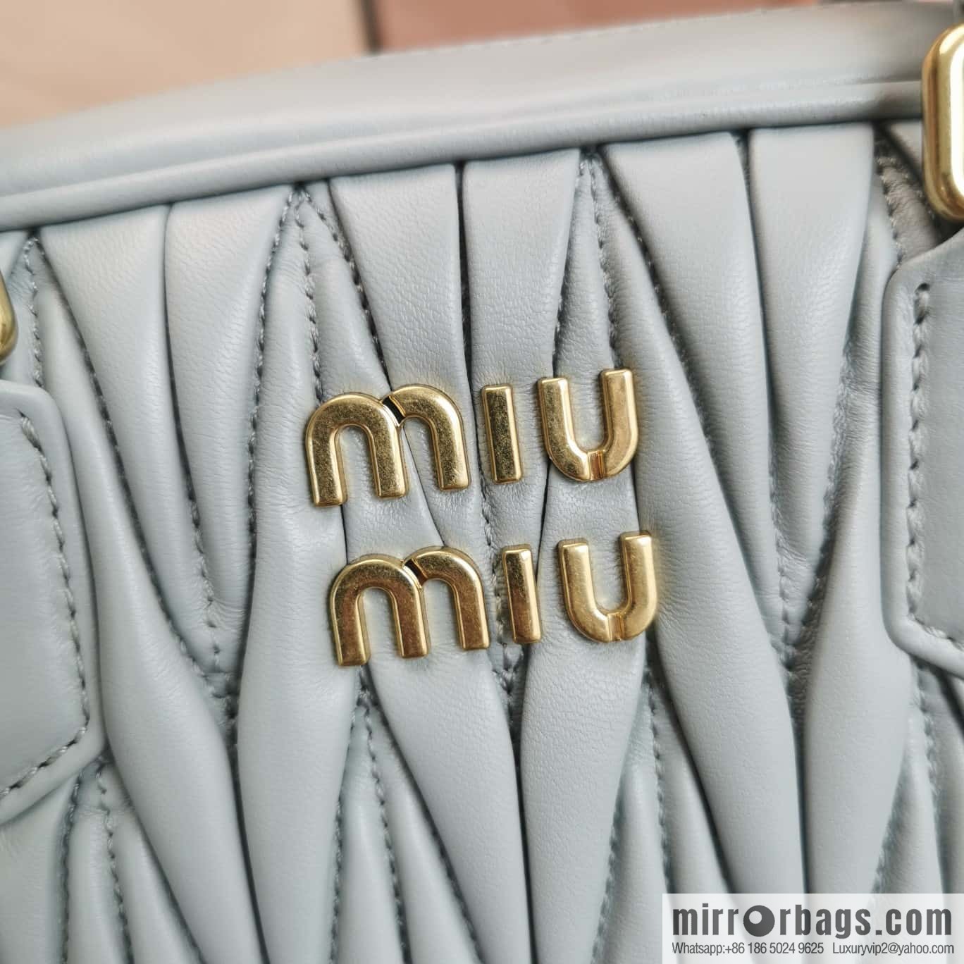 5BB124: MiuMiu's new too pretty bowling handbag, blue Arcadie Matelassé soft sheepskin handbag