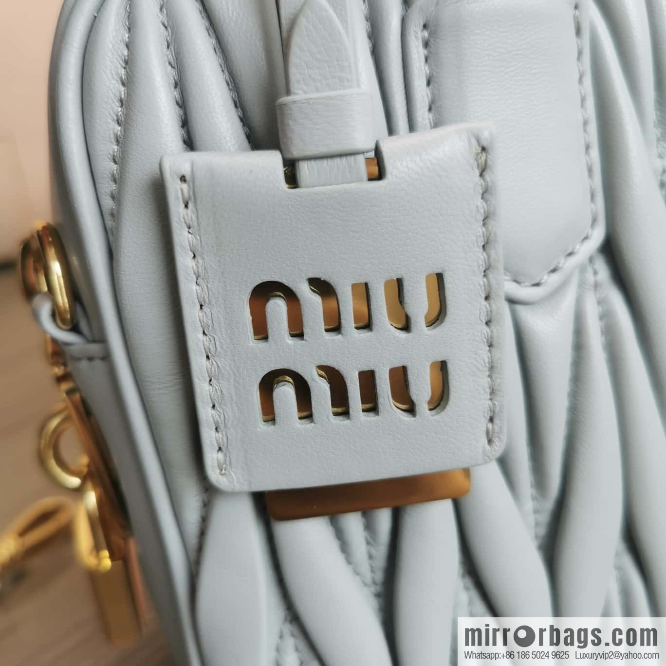 5BB124: MiuMiu's new too pretty bowling handbag, blue Arcadie Matelassé soft sheepskin handbag