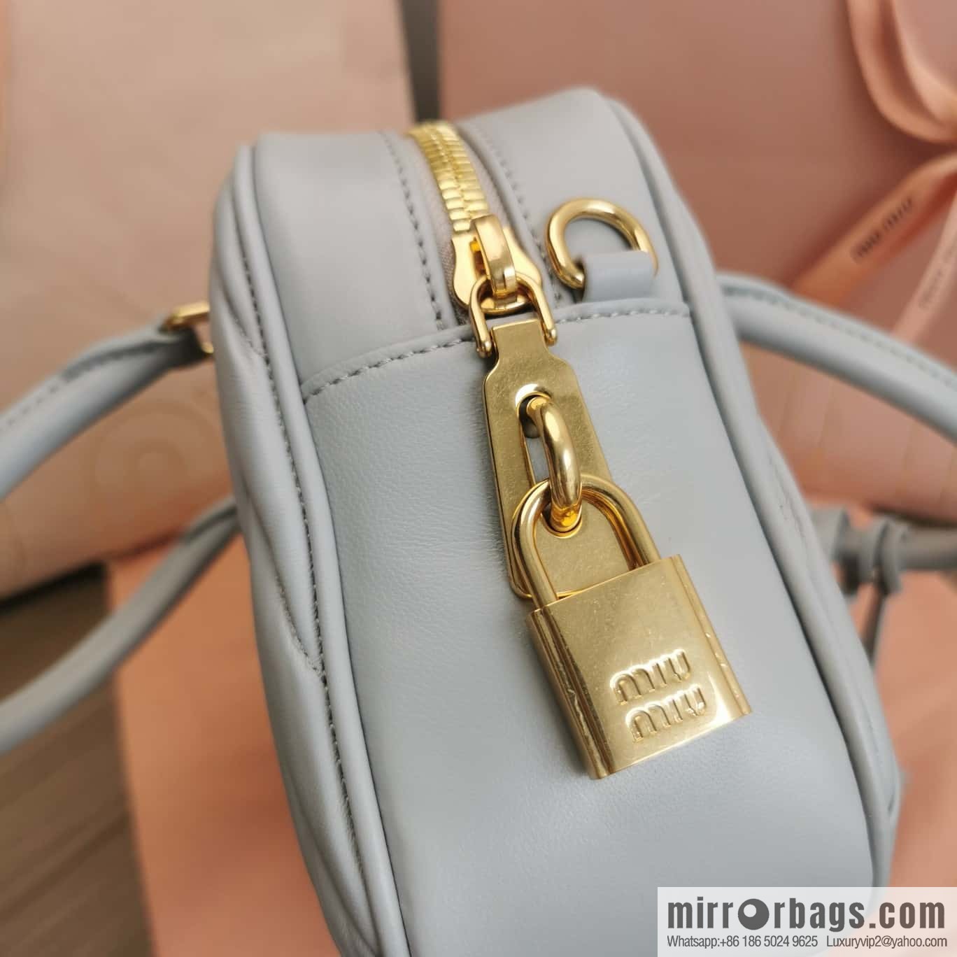5BB124: MiuMiu's new too pretty bowling handbag, blue Arcadie Matelassé soft sheepskin handbag