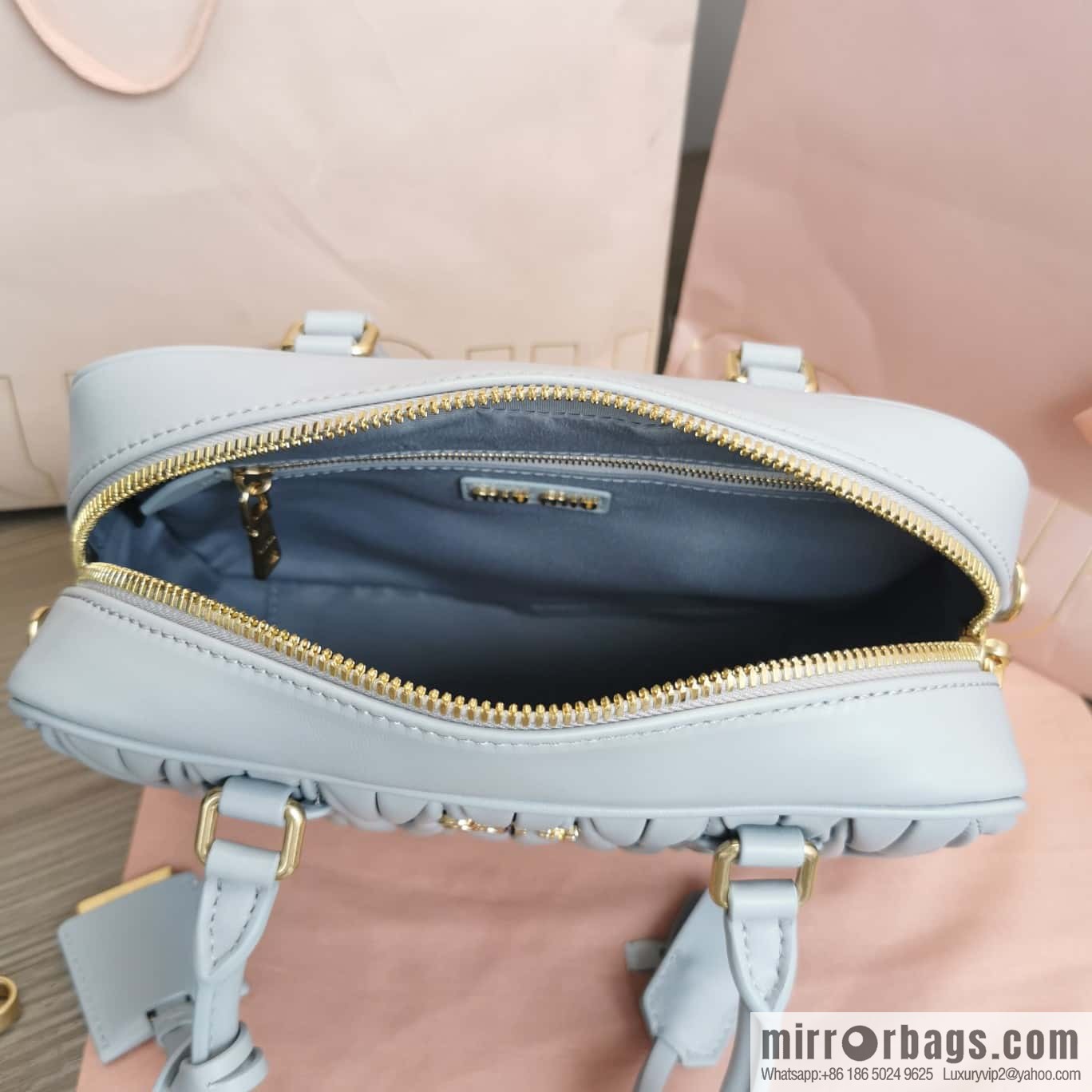 5BB124: MiuMiu's new too pretty bowling handbag, blue Arcadie Matelassé soft sheepskin handbag