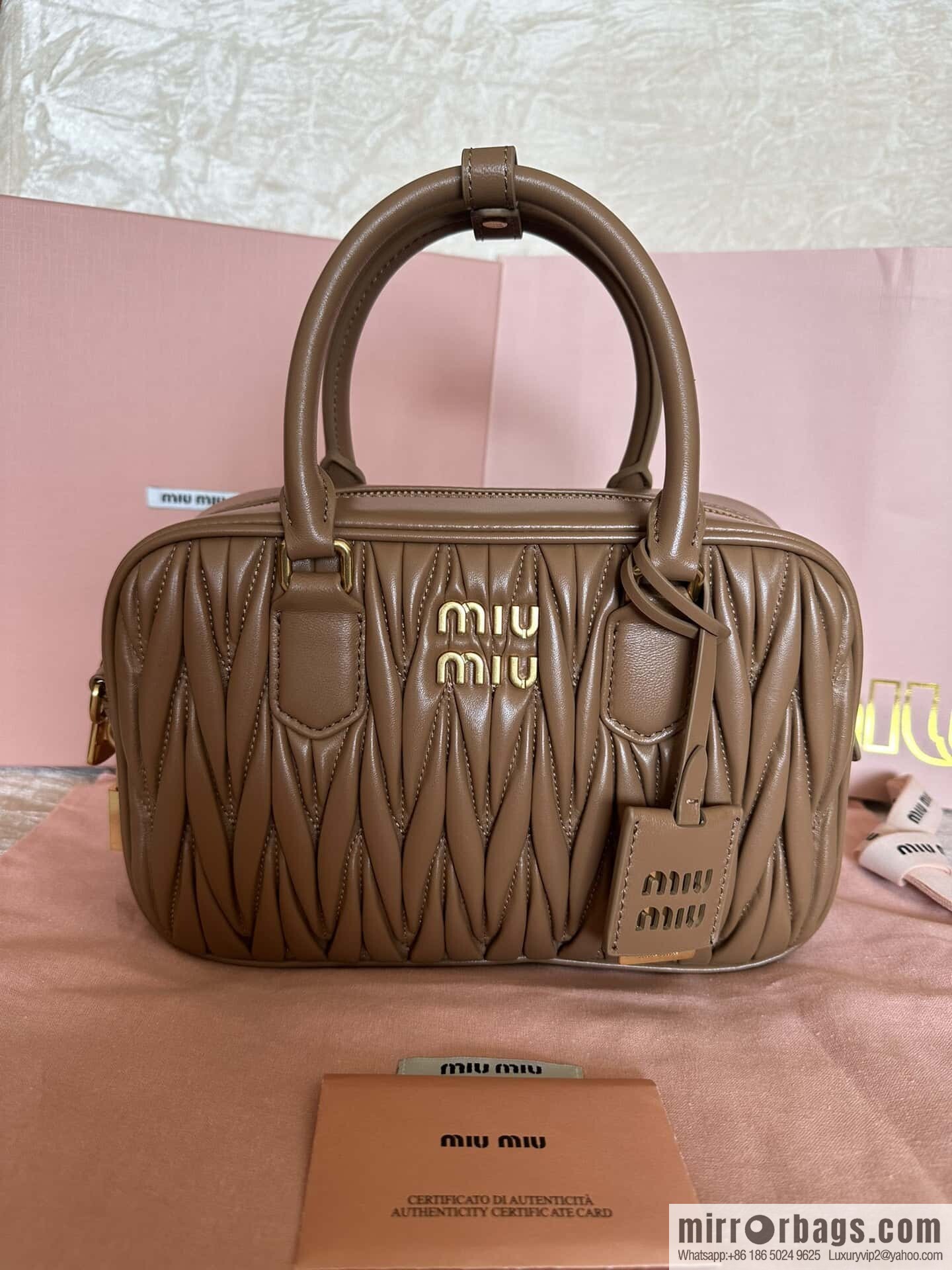 5BB124: MiuMiu's new too pretty bowling handbag, brown Arcadie Matelassé soft sheepskin handbag