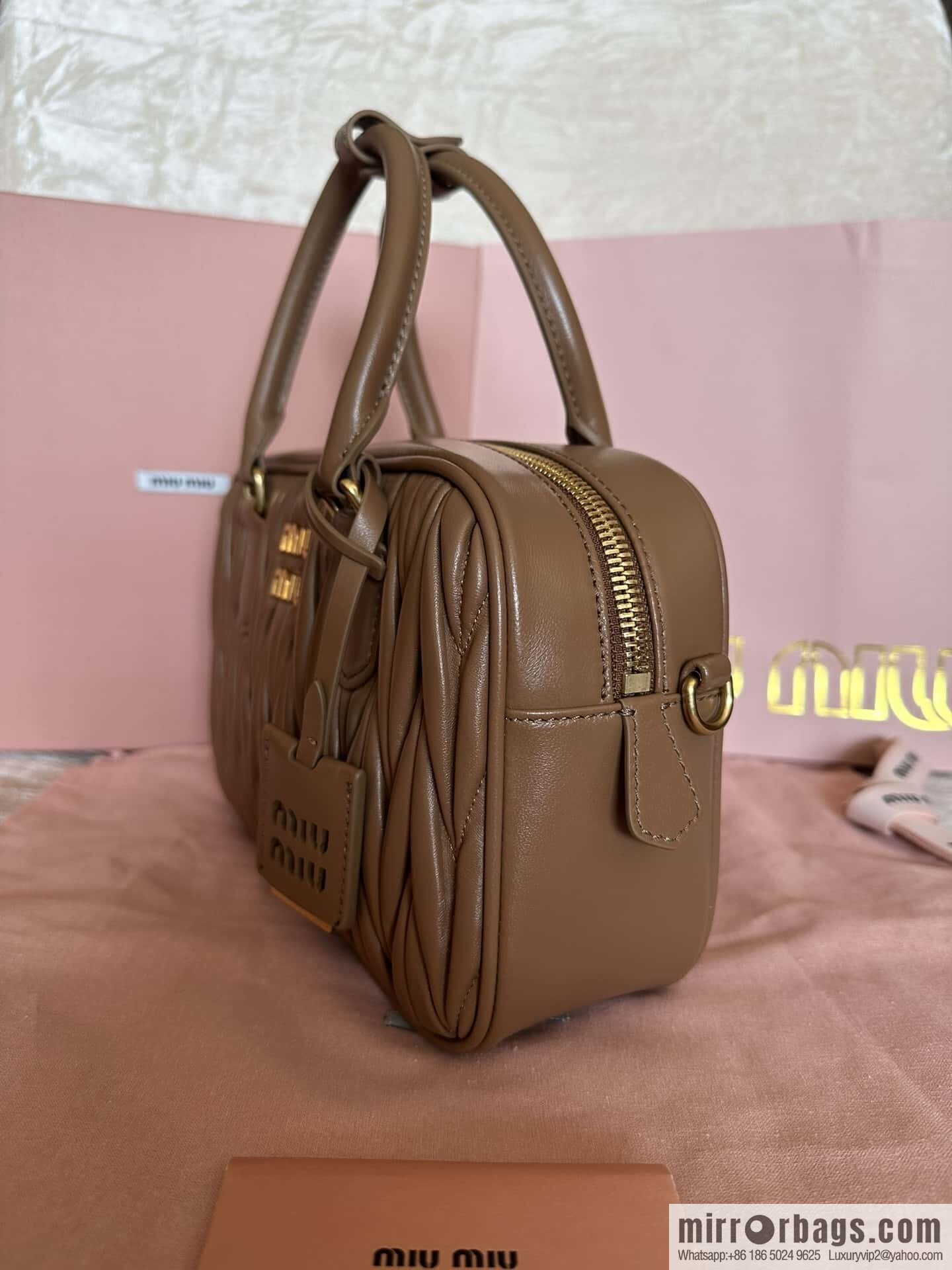 5BB124: MiuMiu's new too pretty bowling handbag, brown Arcadie Matelassé soft sheepskin handbag