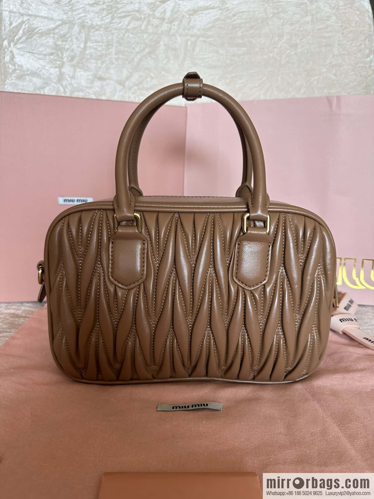 5BB124: MiuMiu's new too pretty bowling handbag, brown Arcadie Matelassé soft sheepskin handbag