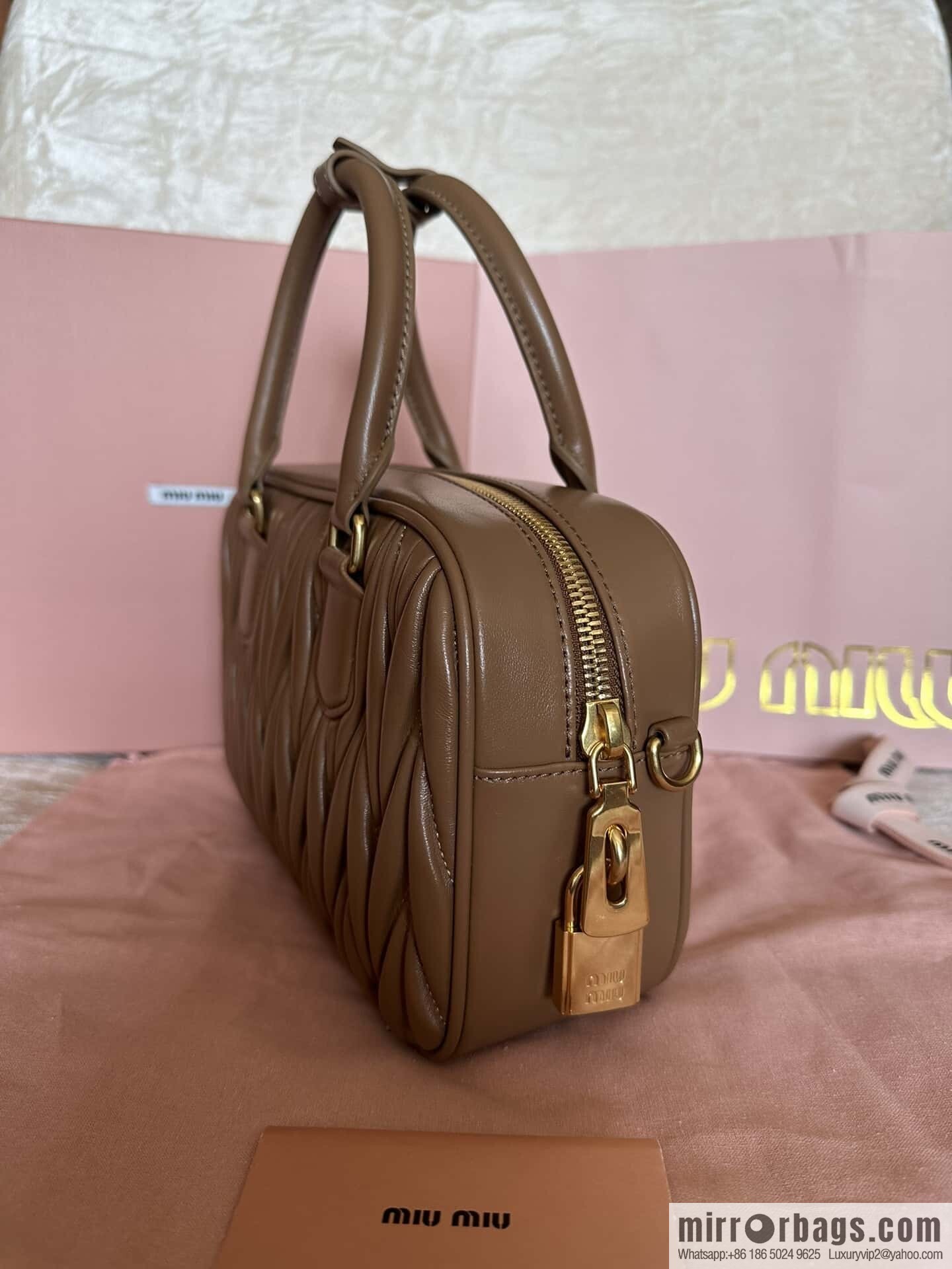 5BB124: MiuMiu's new too pretty bowling handbag, brown Arcadie Matelassé soft sheepskin handbag