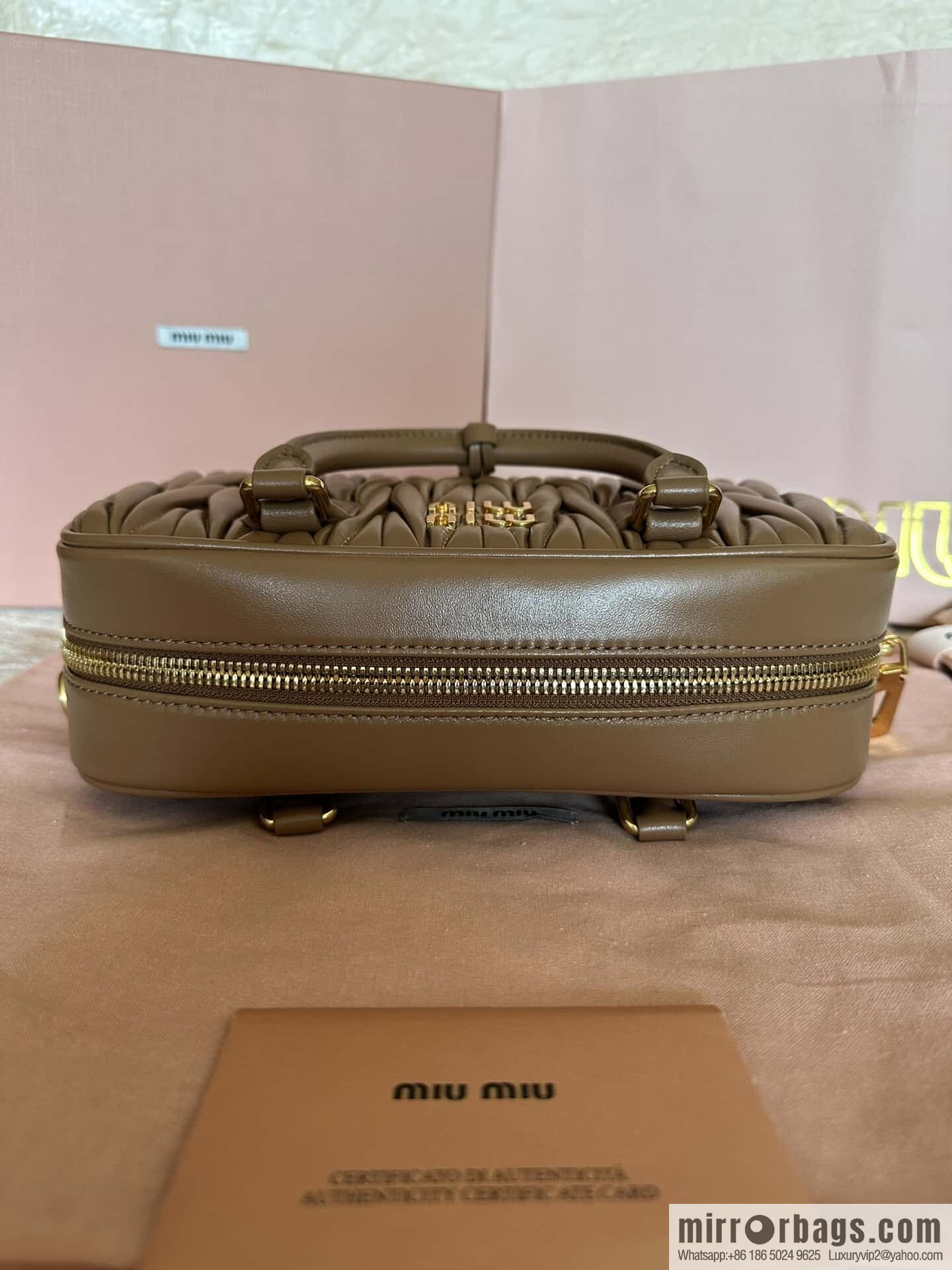5BB124: MiuMiu's new too pretty bowling handbag, brown Arcadie Matelassé soft sheepskin handbag