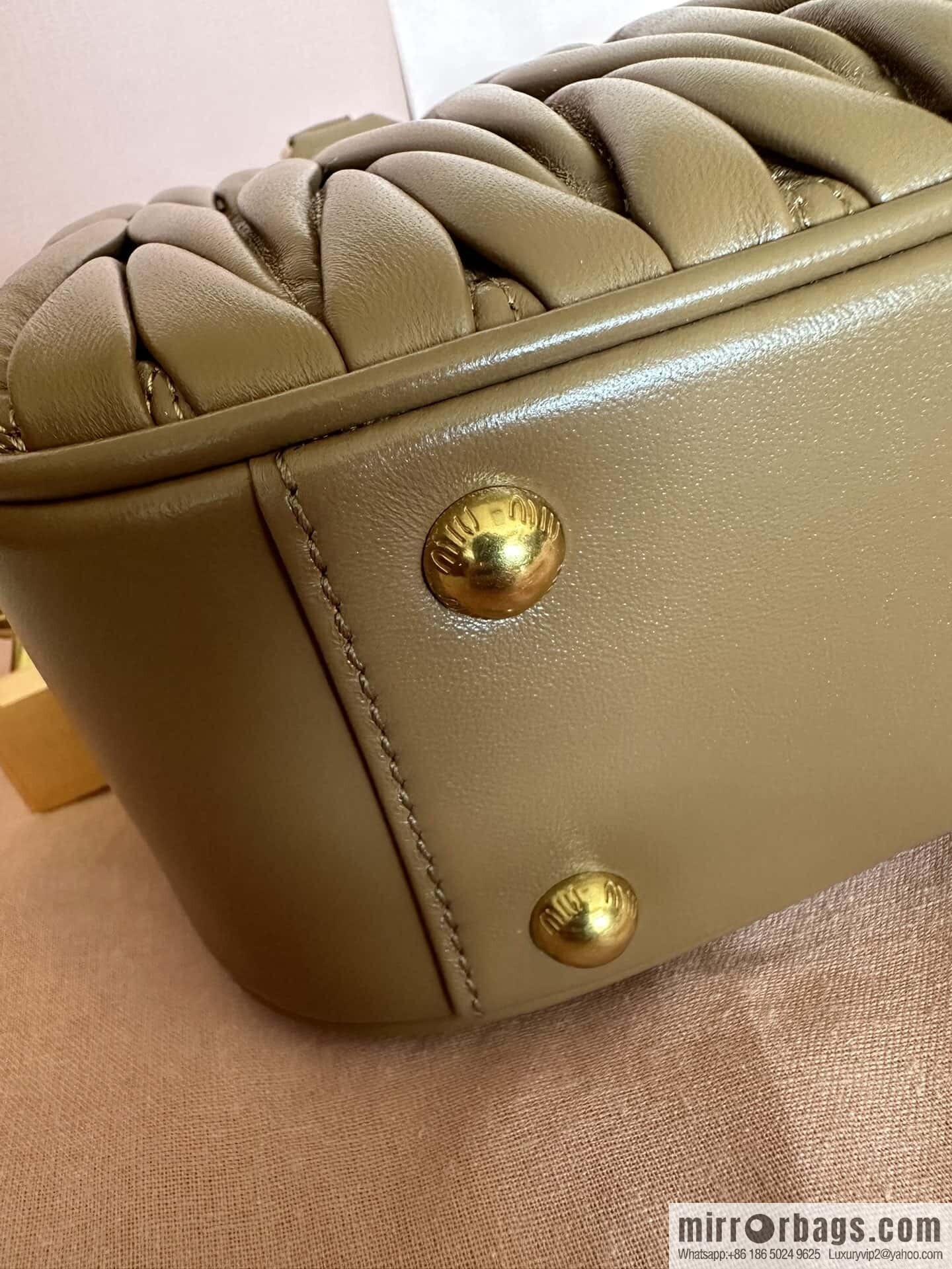 5BB124: MiuMiu's new too pretty bowling handbag, brown Arcadie Matelassé soft sheepskin handbag