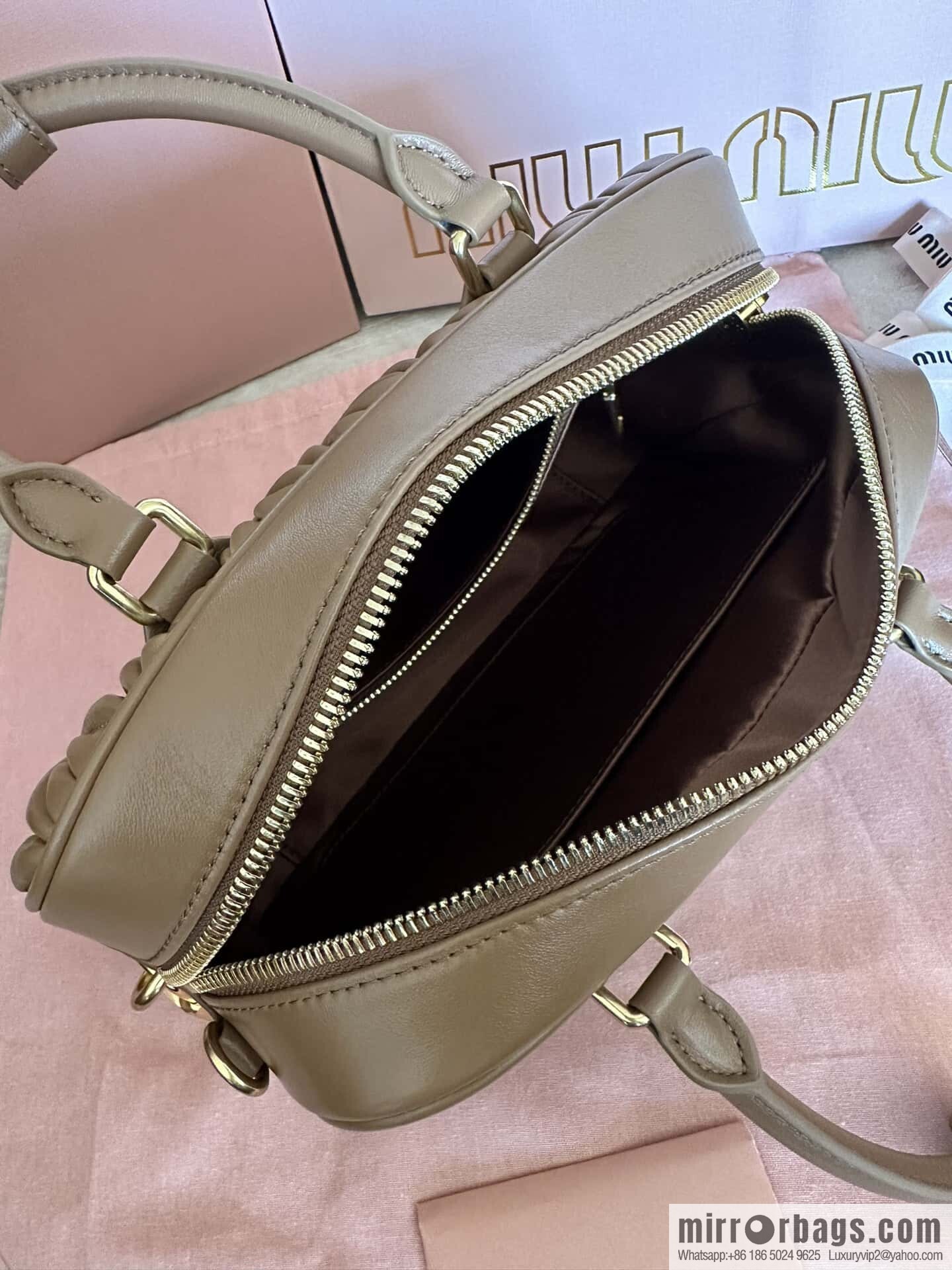 5BB124: MiuMiu's new too pretty bowling handbag, brown Arcadie Matelassé soft sheepskin handbag