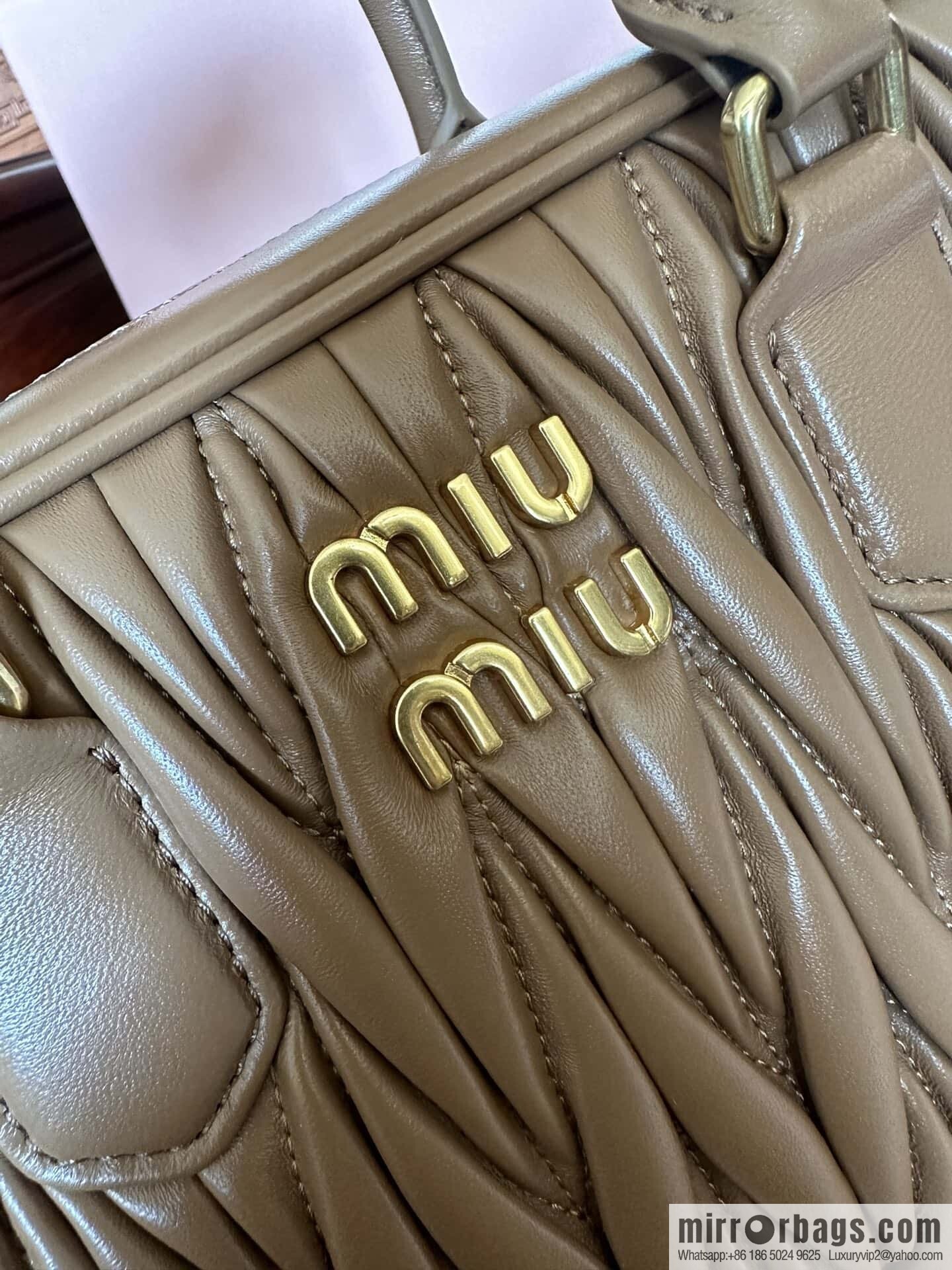 5BB124: MiuMiu's new too pretty bowling handbag, brown Arcadie Matelassé soft sheepskin handbag