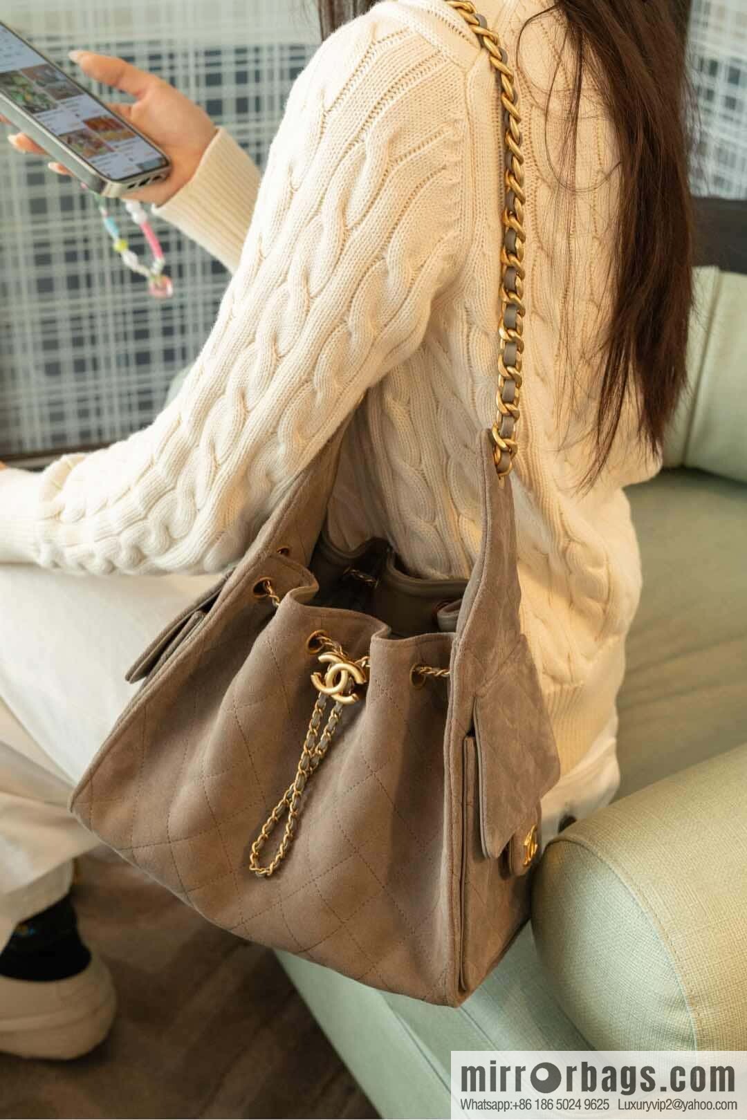ππ‘ππ§ππ₯ πππ Grey Suede Drawstring Bucket Bag, Small π AS5293