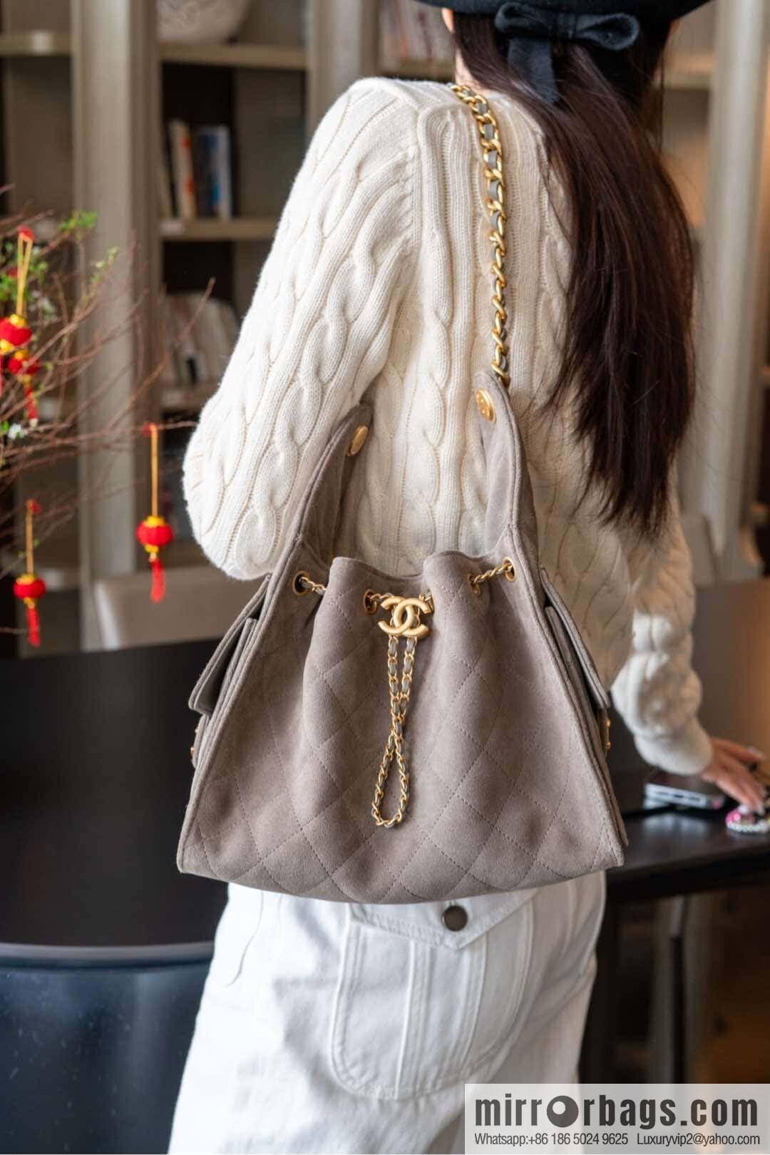 ππ‘ππ§ππ₯ πππ Grey Suede Drawstring Bucket Bag, Small π AS5293