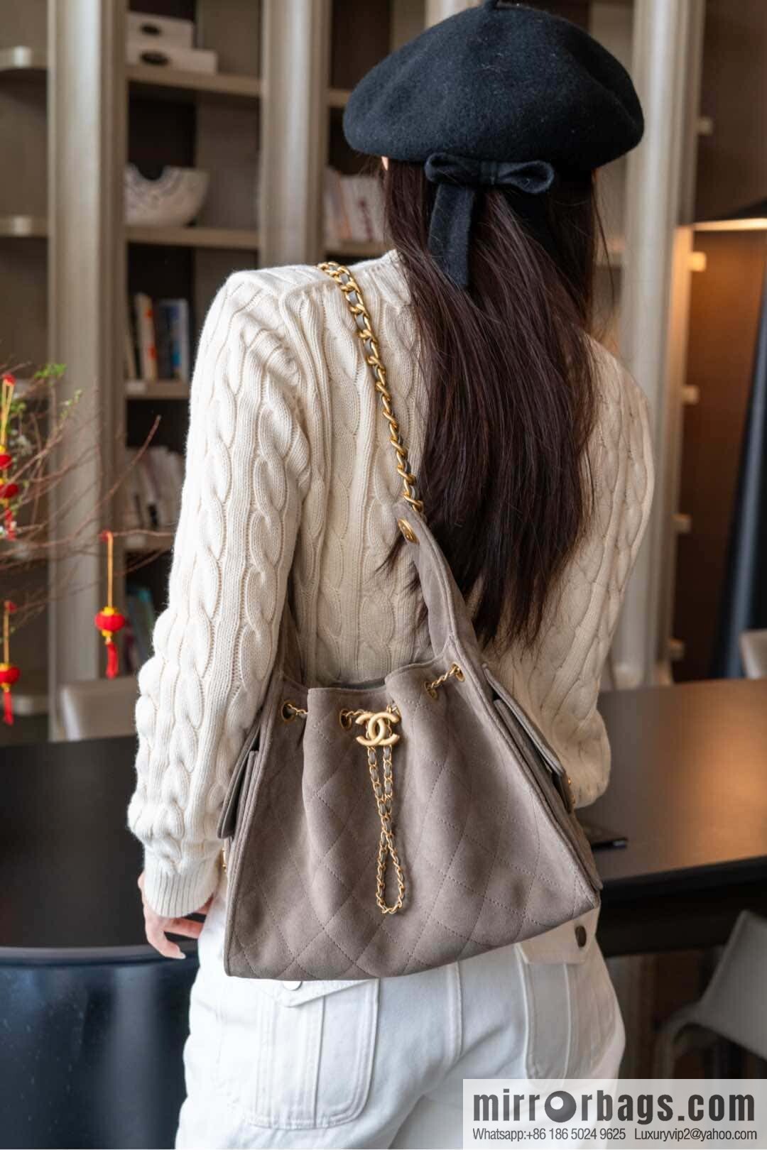 ππ‘ππ§ππ₯ πππ Grey Suede Drawstring Bucket Bag, Small π AS5293