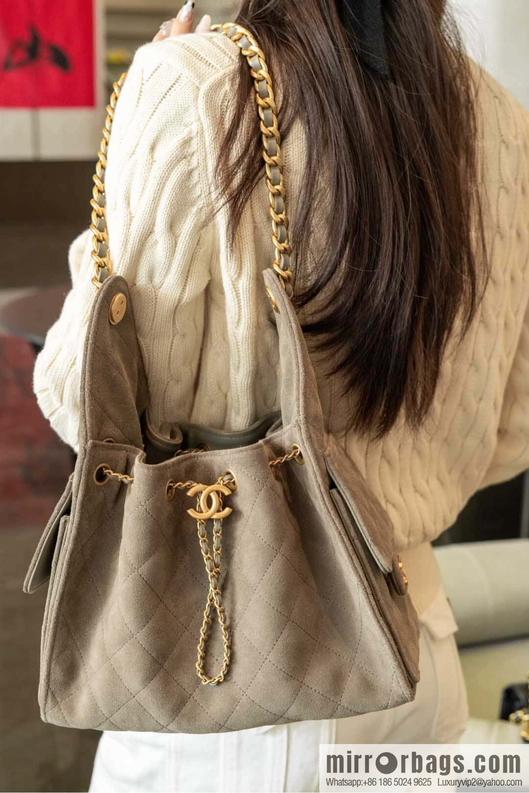 ππ‘ππ§ππ₯ πππ Grey Suede Drawstring Bucket Bag, Small π AS5293