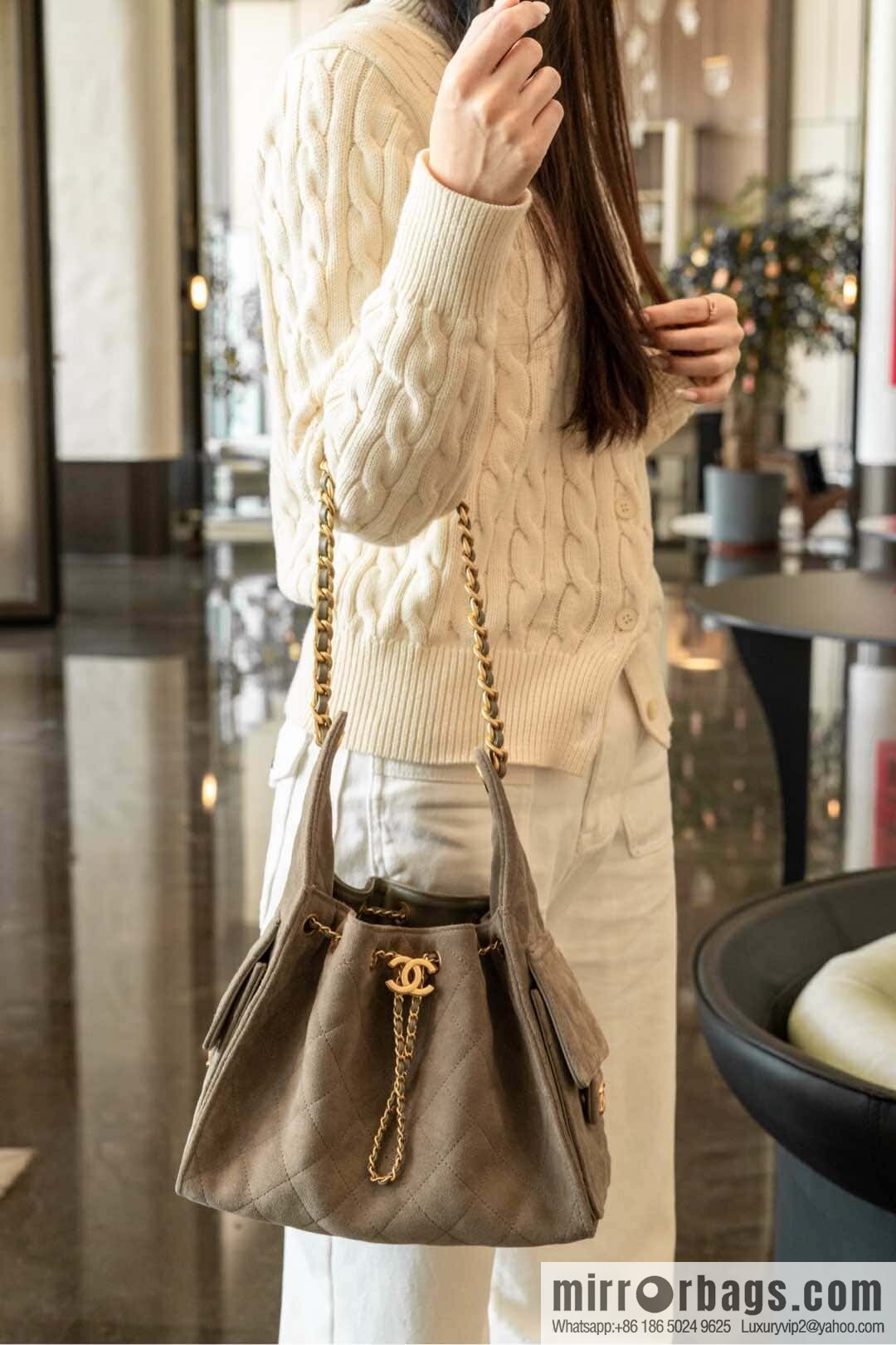 ππ‘ππ§ππ₯ πππ Grey Suede Drawstring Bucket Bag, Small π AS5293