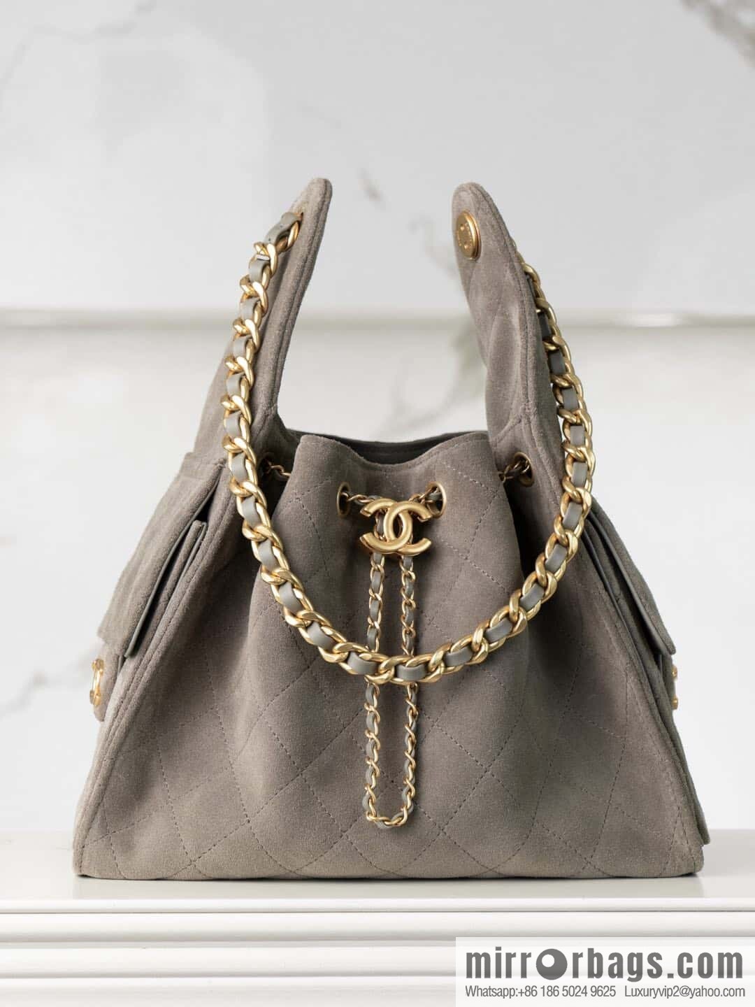 ππ‘ππ§ππ₯ πππ Grey Suede Drawstring Bucket Bag, Small π AS5293