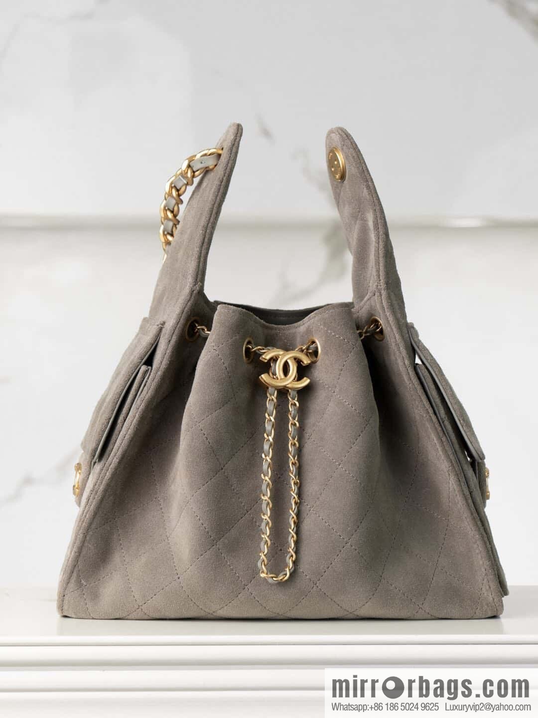 ππ‘ππ§ππ₯ πππ Grey Suede Drawstring Bucket Bag, Small π AS5293