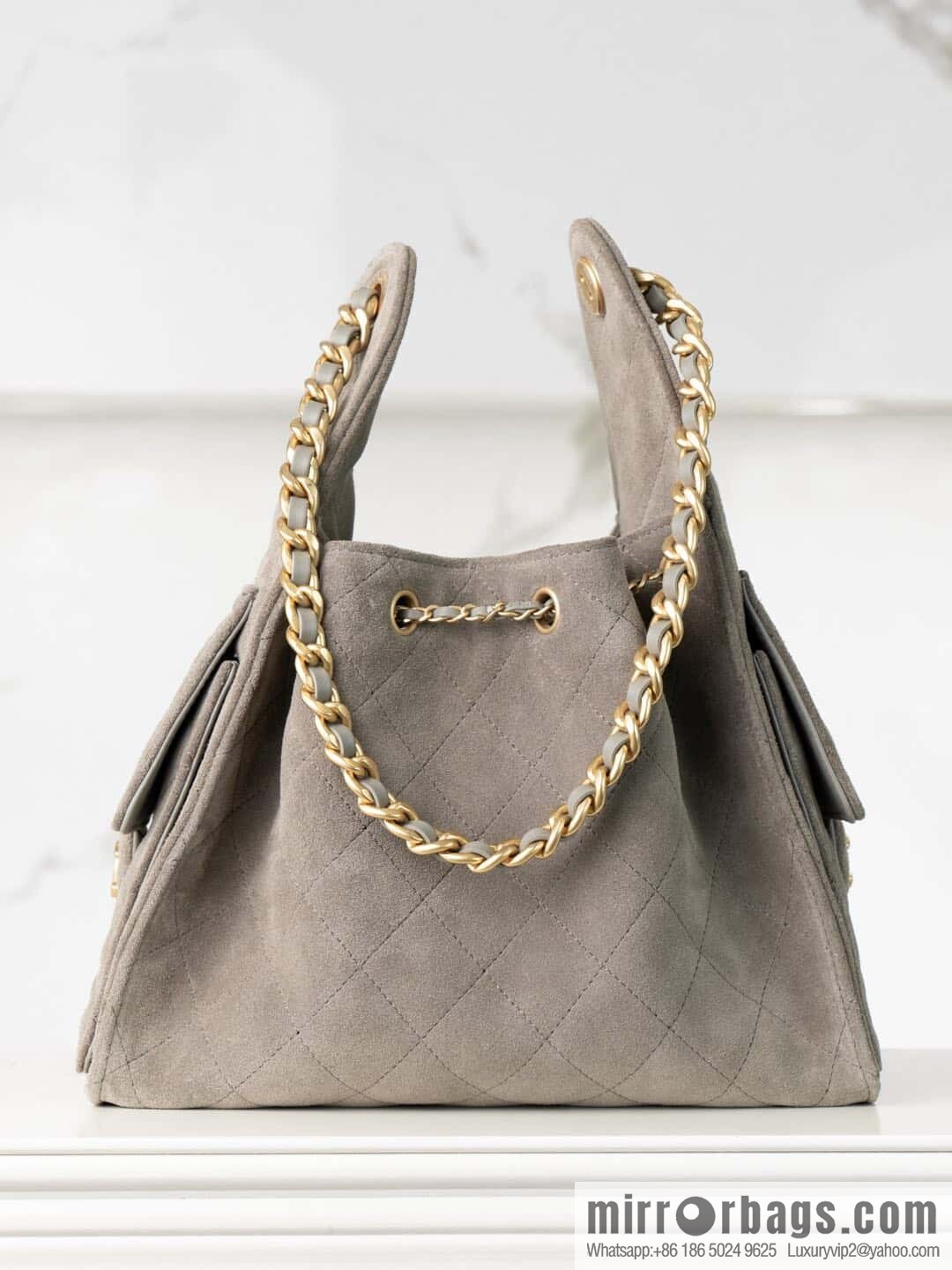 ππ‘ππ§ππ₯ πππ Grey Suede Drawstring Bucket Bag, Small π AS5293