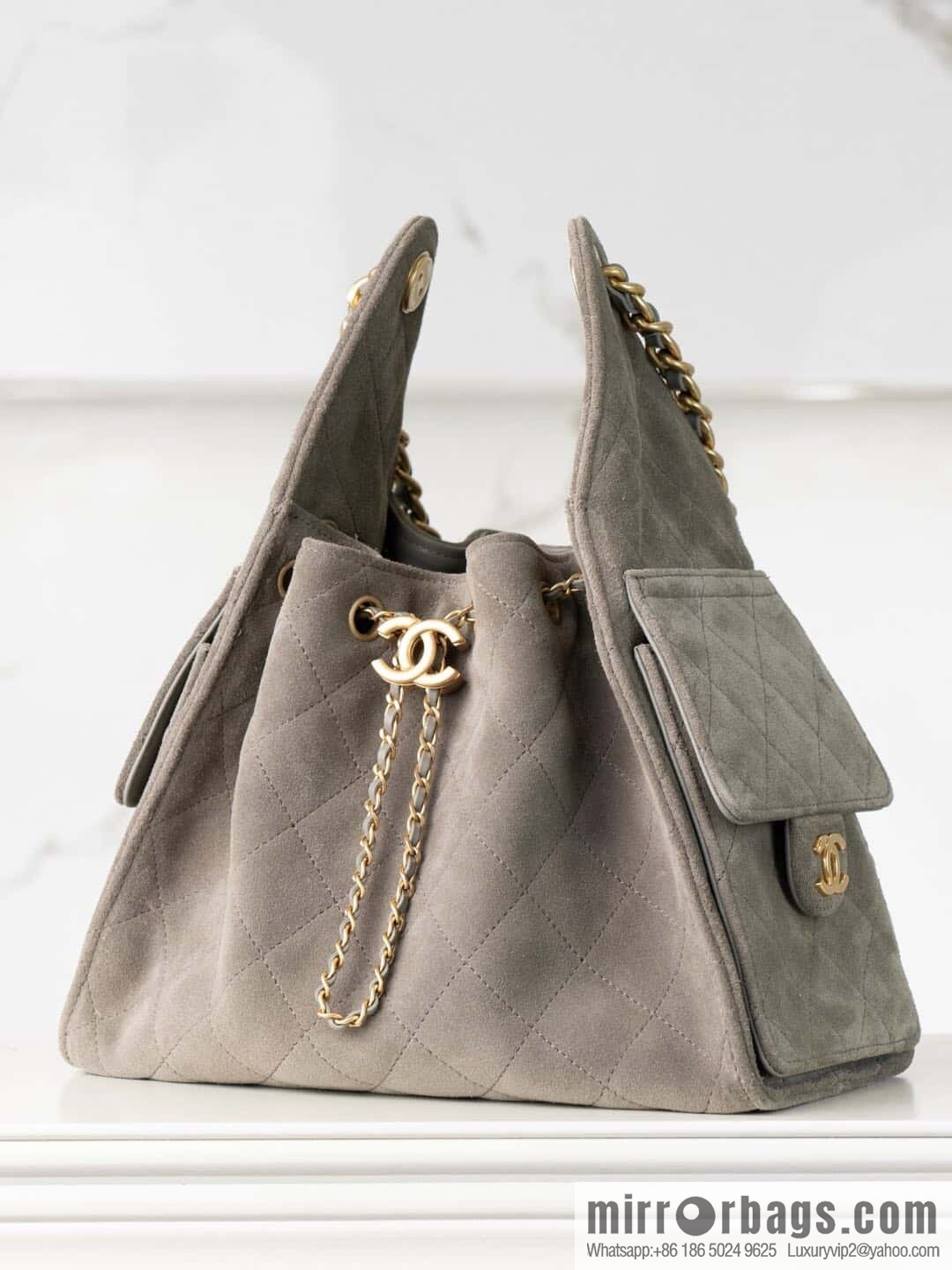 ππ‘ππ§ππ₯ πππ Grey Suede Drawstring Bucket Bag, Small π AS5293
