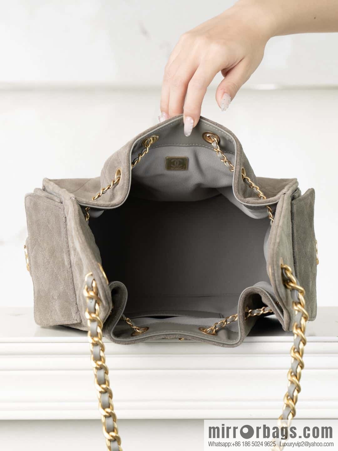 ππ‘ππ§ππ₯ πππ Grey Suede Drawstring Bucket Bag, Small π AS5293