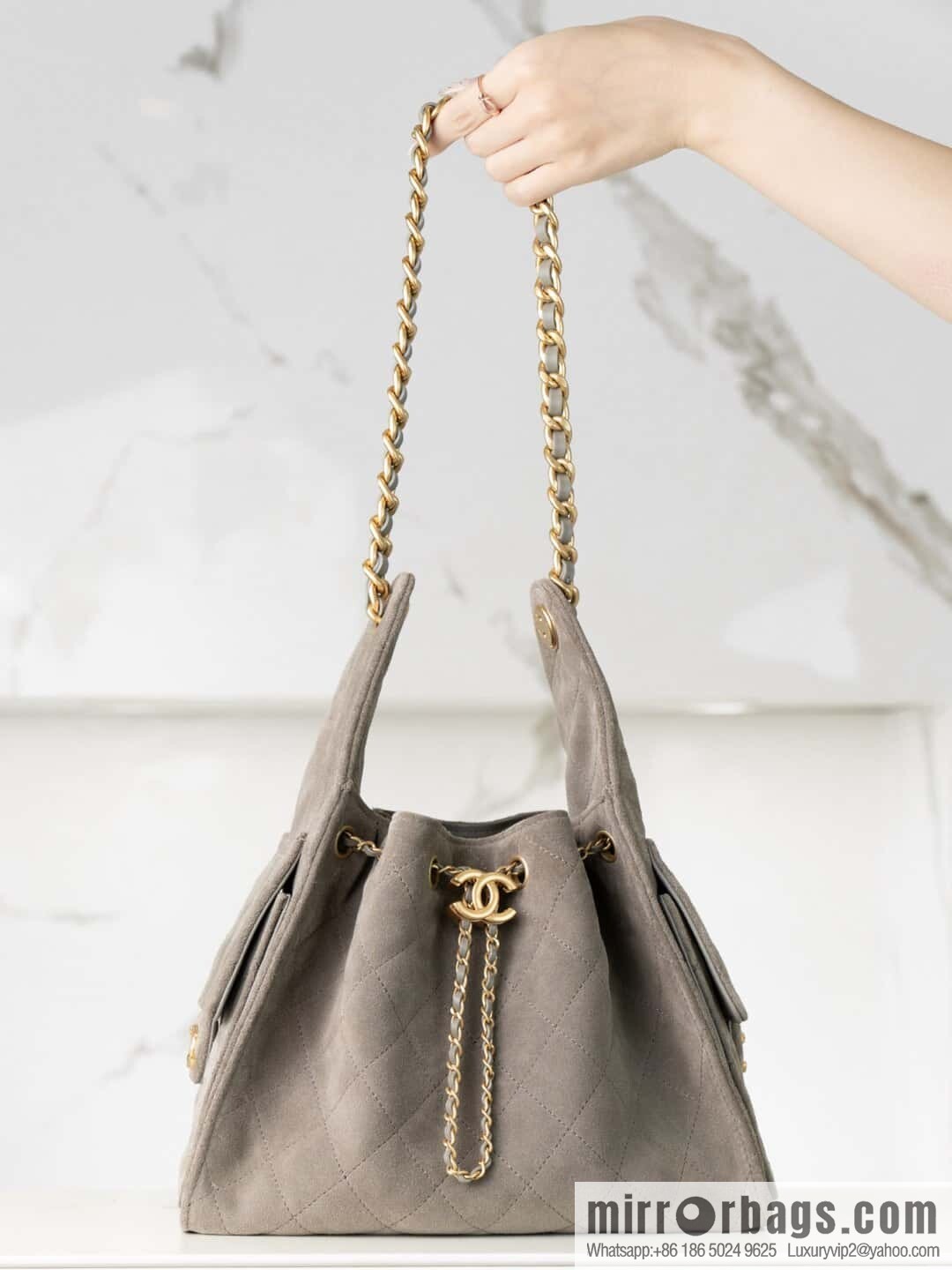 ππ‘ππ§ππ₯ πππ Grey Suede Drawstring Bucket Bag, Small π AS5293
