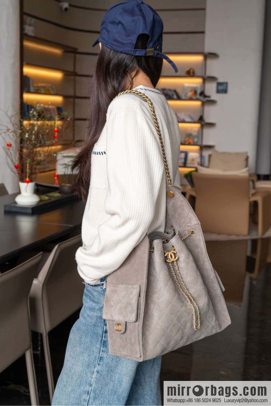 ππ‘ππ§ππ₯ πππ Grey Suede Drawstring Bucket Bag, Large π AS5311