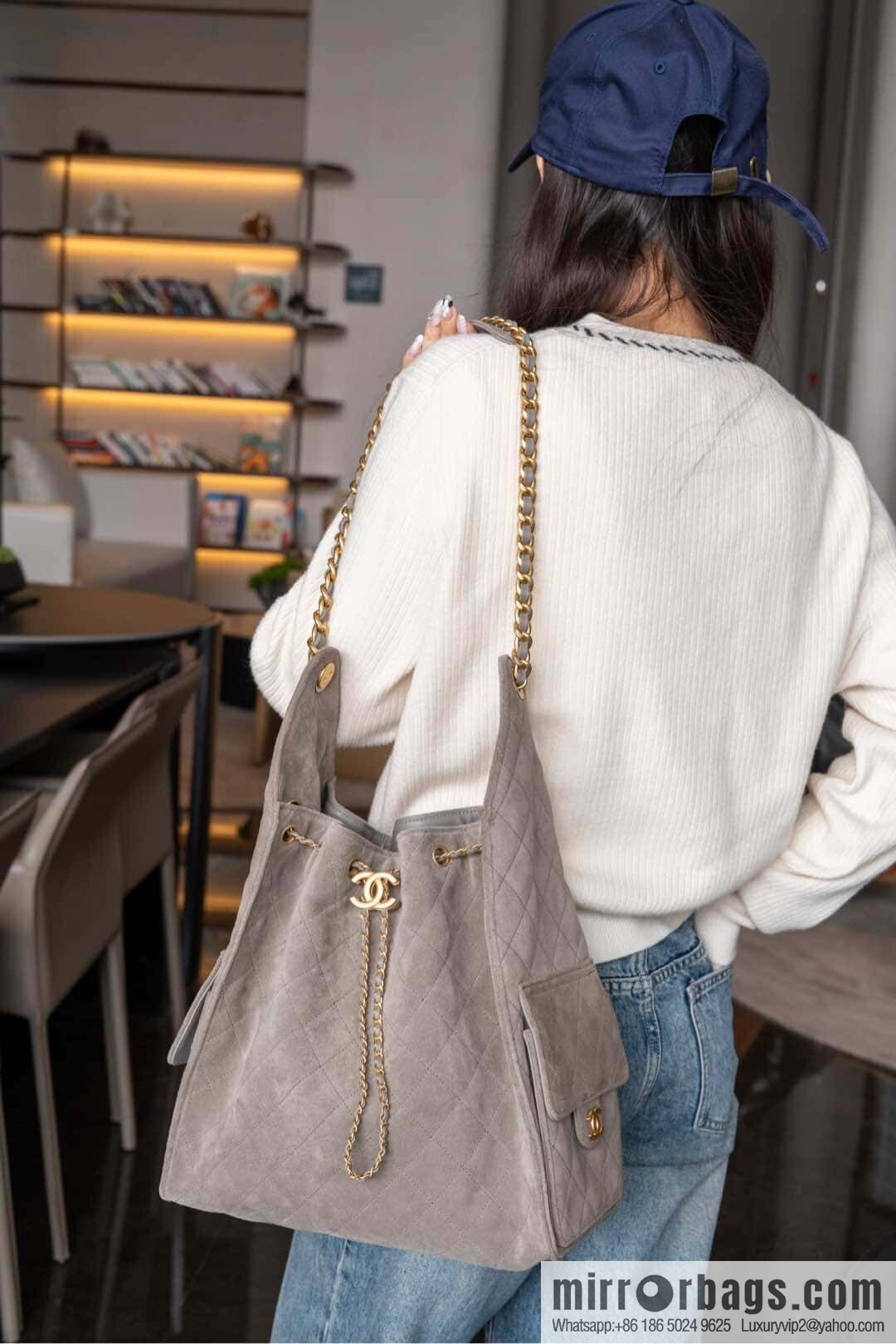 ππ‘ππ§ππ₯ πππ Grey Suede Drawstring Bucket Bag, Large π AS5311