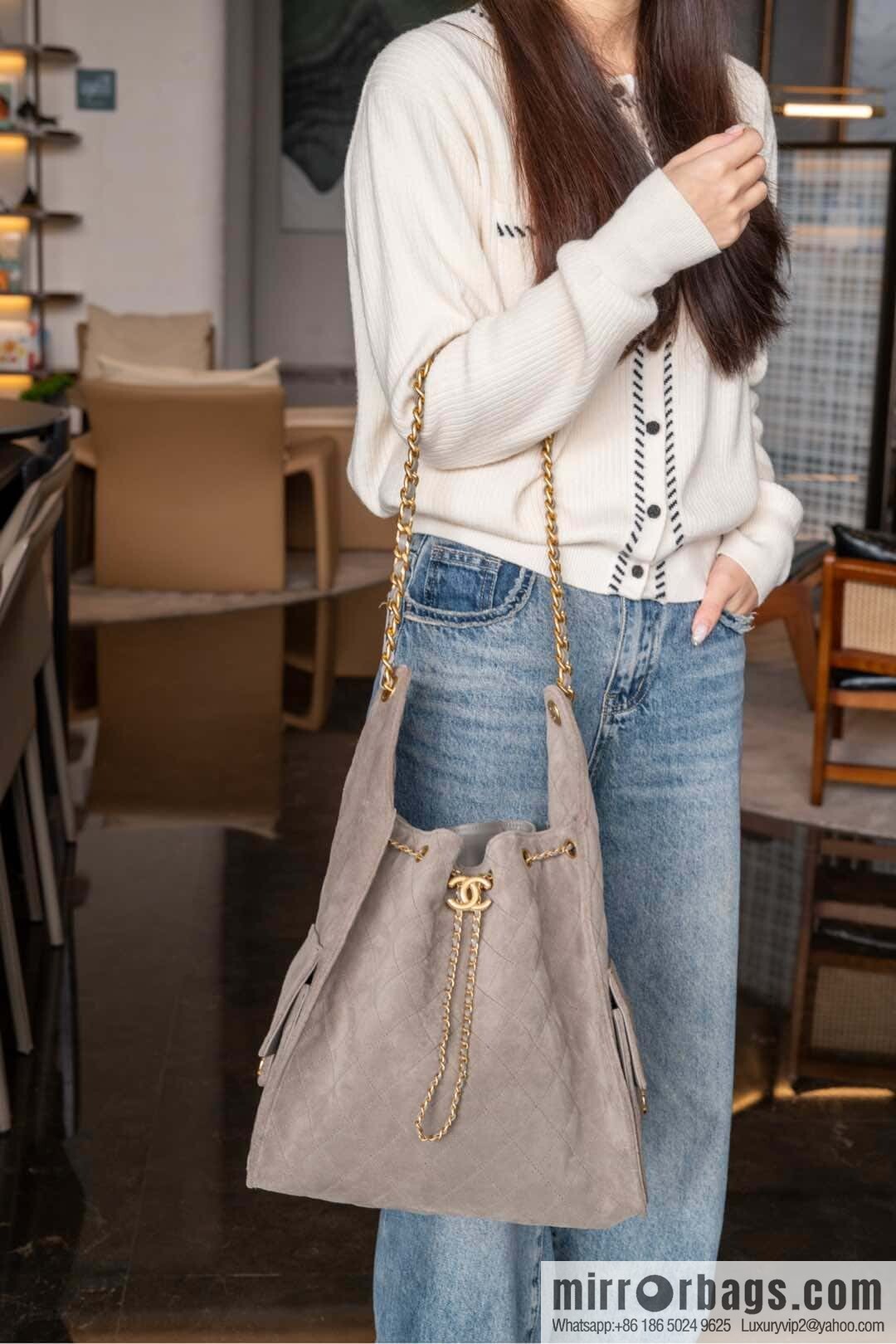 ππ‘ππ§ππ₯ πππ Grey Suede Drawstring Bucket Bag, Large π AS5311