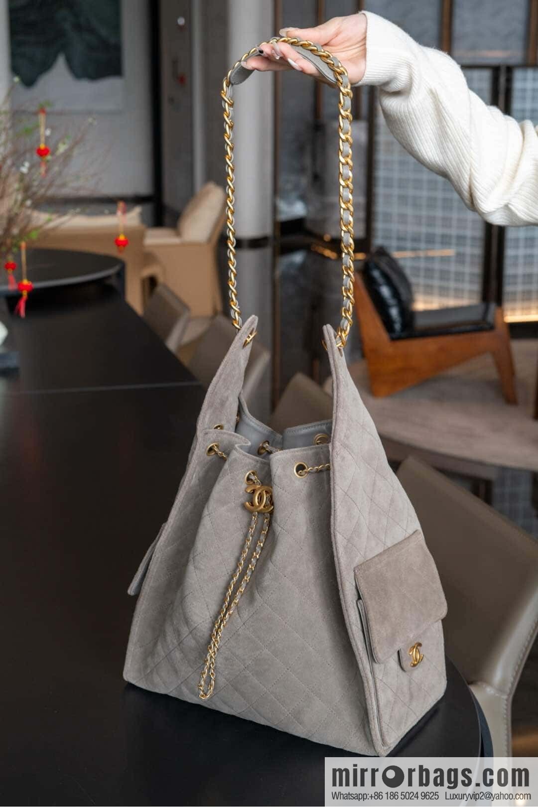 ππ‘ππ§ππ₯ πππ Grey Suede Drawstring Bucket Bag, Large π AS5311