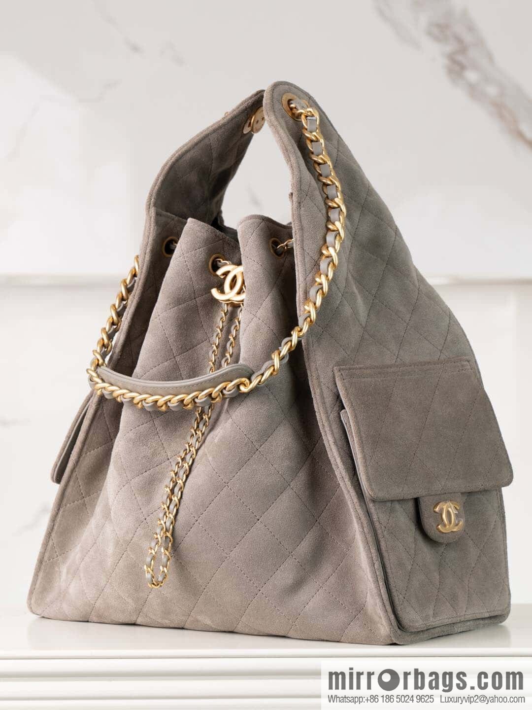 ππ‘ππ§ππ₯ πππ Grey Suede Drawstring Bucket Bag, Large π AS5311