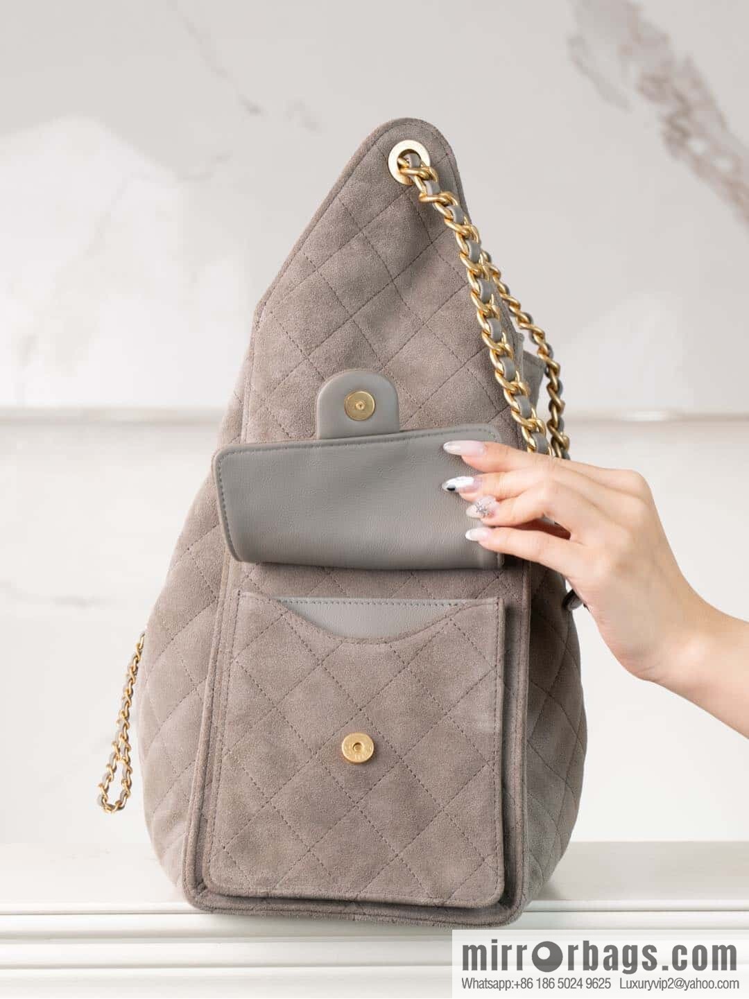 ππ‘ππ§ππ₯ πππ Grey Suede Drawstring Bucket Bag, Large π AS5311