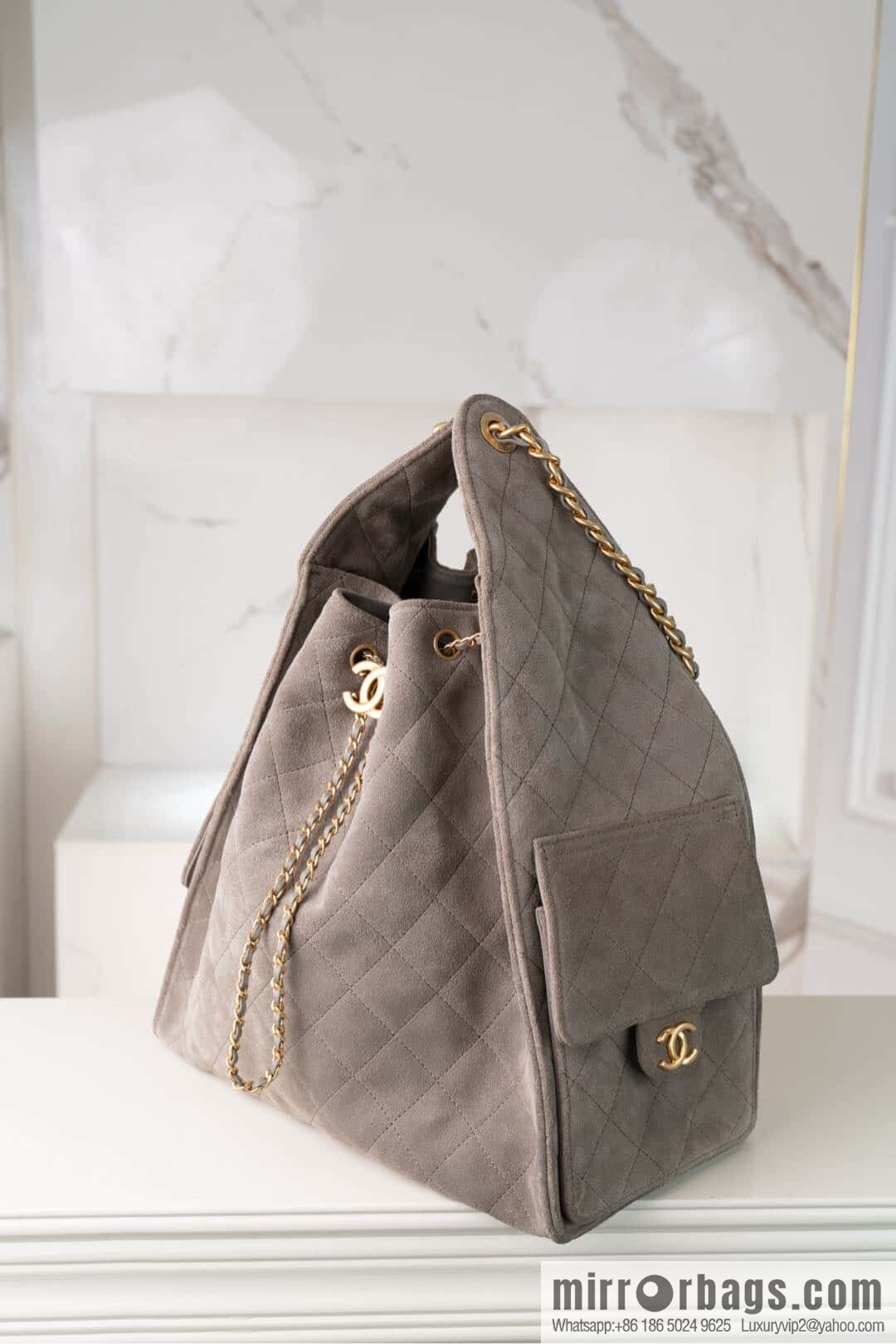 ππ‘ππ§ππ₯ πππ Grey Suede Drawstring Bucket Bag, Large π AS5311
