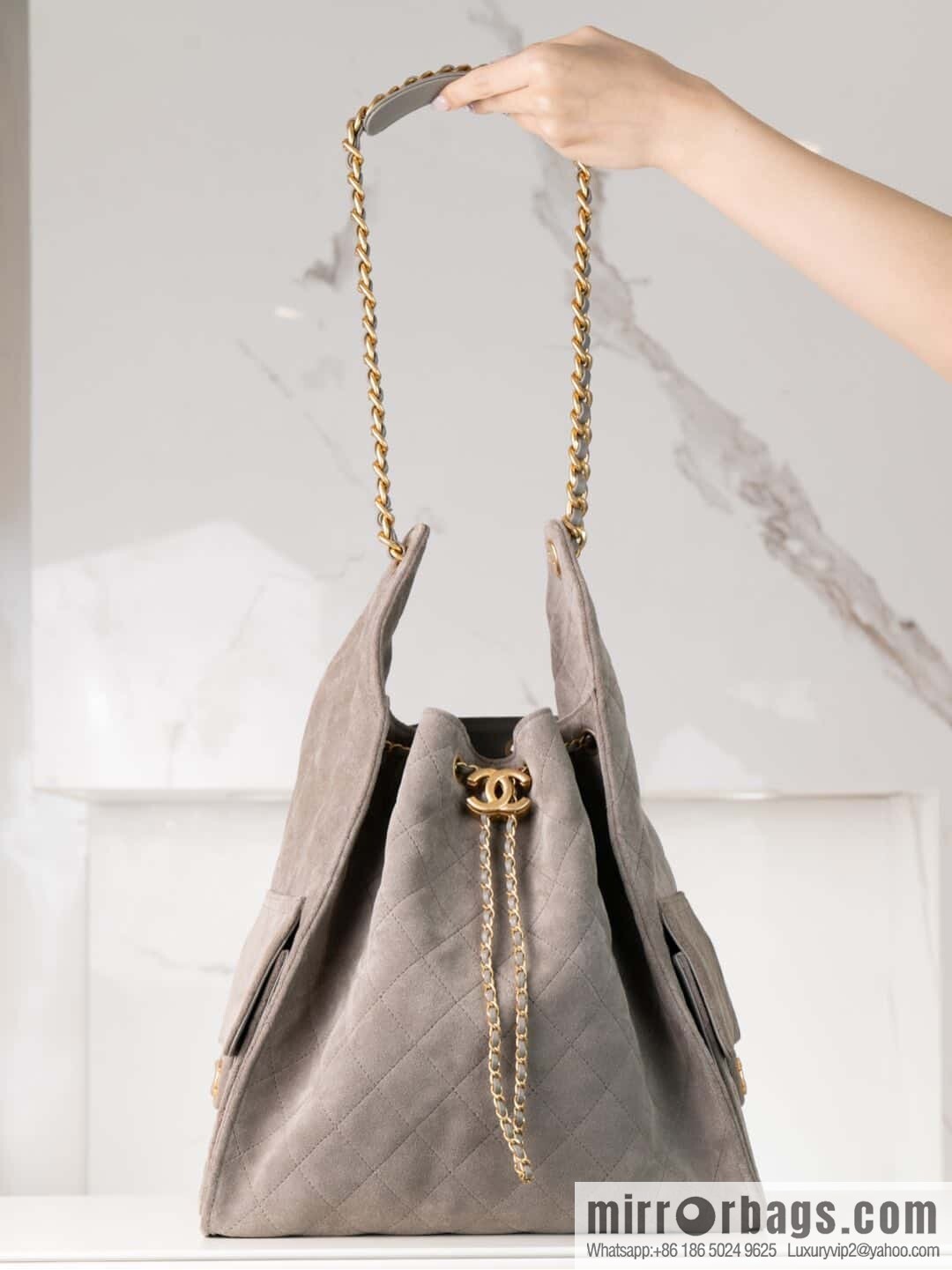 ππ‘ππ§ππ₯ πππ Grey Suede Drawstring Bucket Bag, Large π AS5311