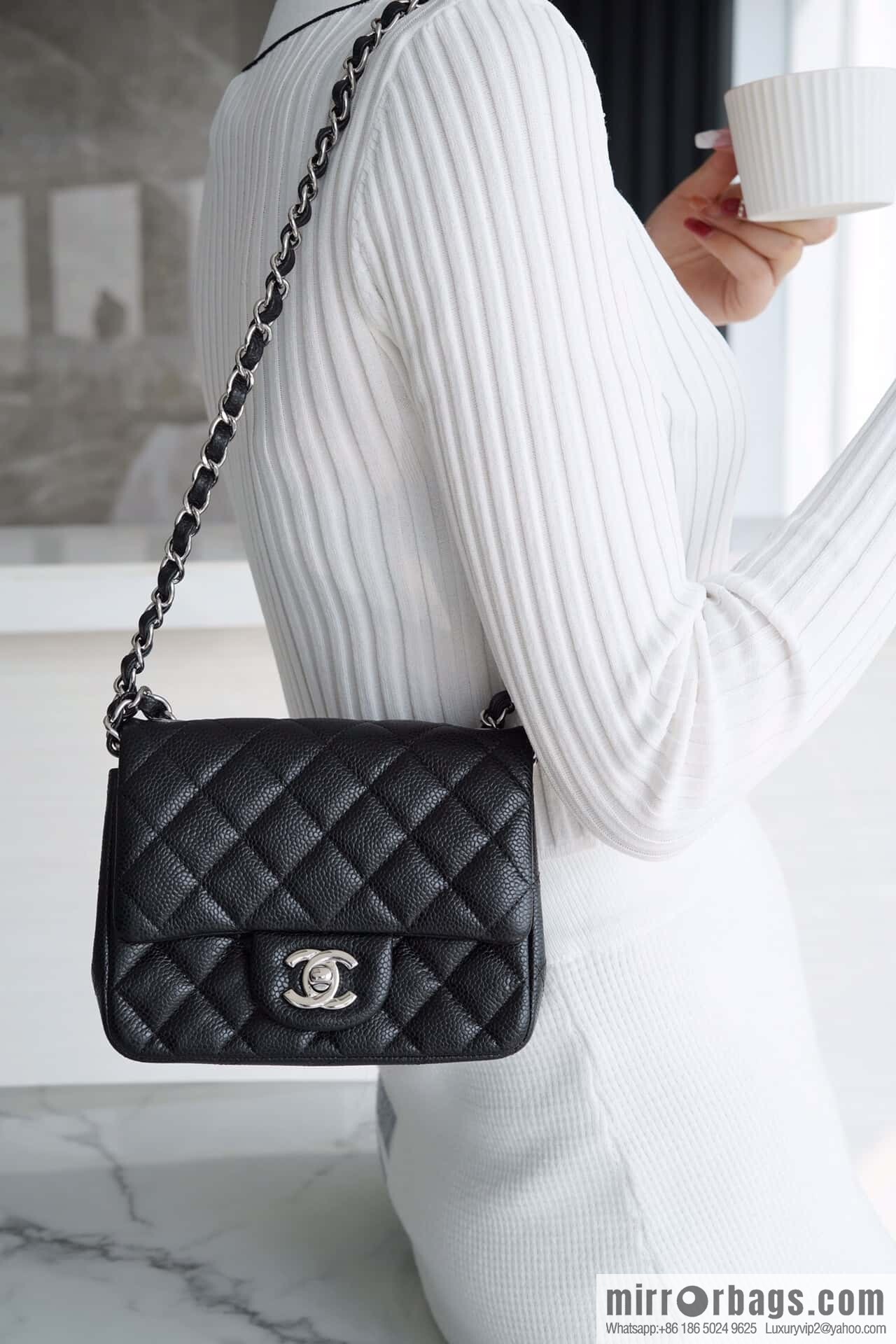 ℂ𝔽 𝗖𝗹𝗮𝘀𝘀𝗶𝗰 𝗙𝗹𝗮𝗽 | genuine leather lychee pattern, Fatty Fang, black silver 🖤 A01115