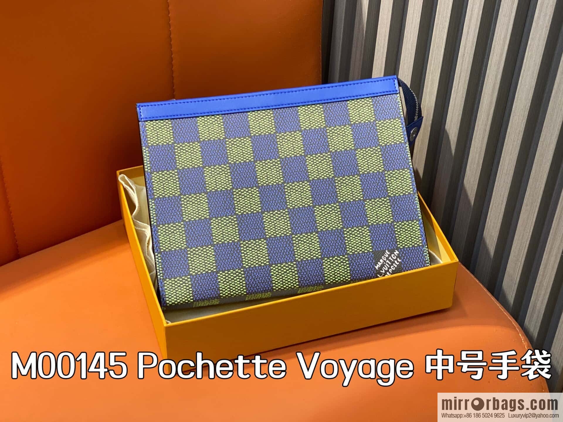 [Boutique‑grade] M00145 blue plaid, handbag clutch bag Pochette Voyage medium handbag