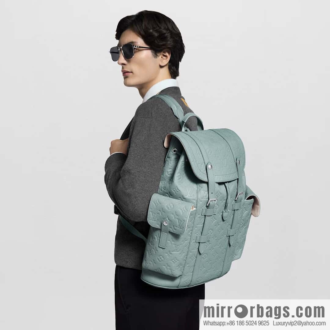 [Premium‑quality] M13863 gray-green, full leather embossed backpack Christopher MM backpack