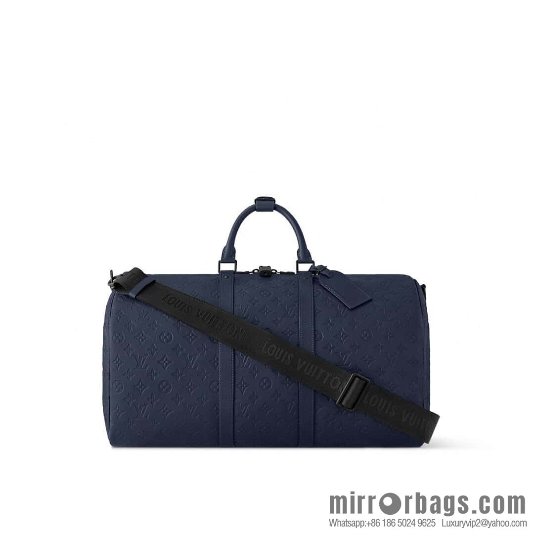 [Premium‑quality] M14840 dark blue, full leather embossed travel bag KEEPALL BANDOULIZRE 50 travel bag