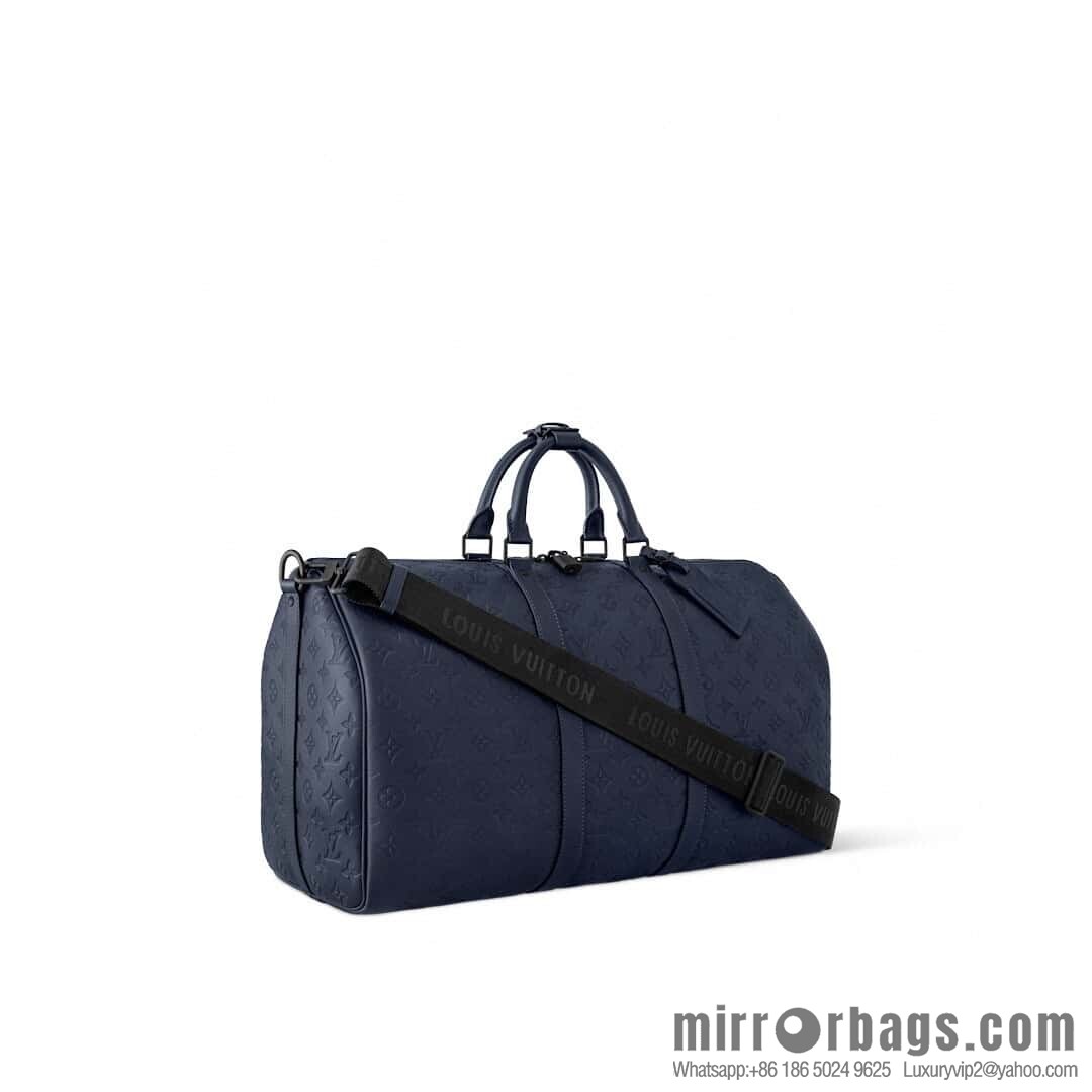 [Premium‑quality] M14840 dark blue, full leather embossed travel bag KEEPALL BANDOULIZRE 50 travel bag
